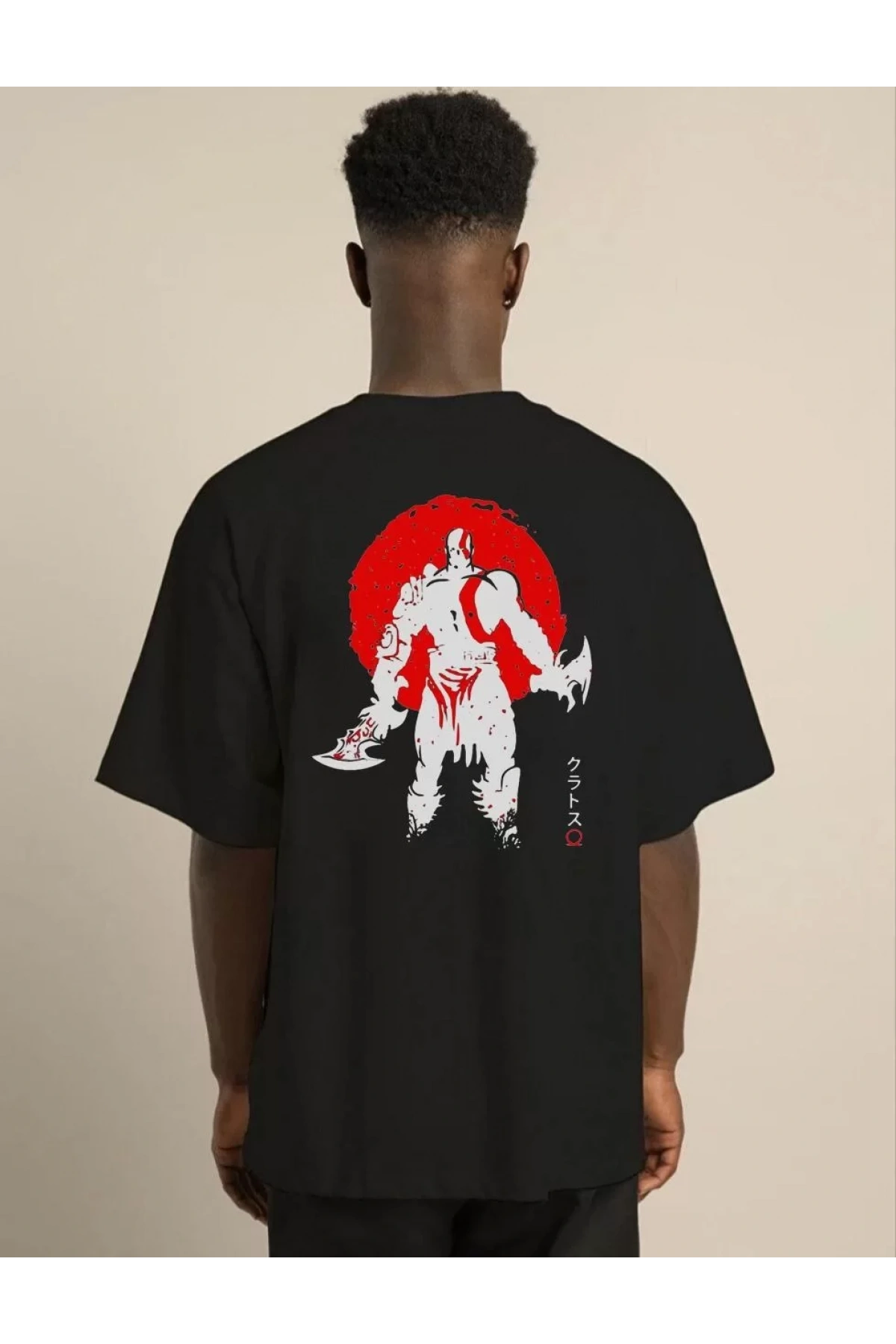 Unisex Bisiklet Yaka Baskılı Oversize T-Shirt - Siyah