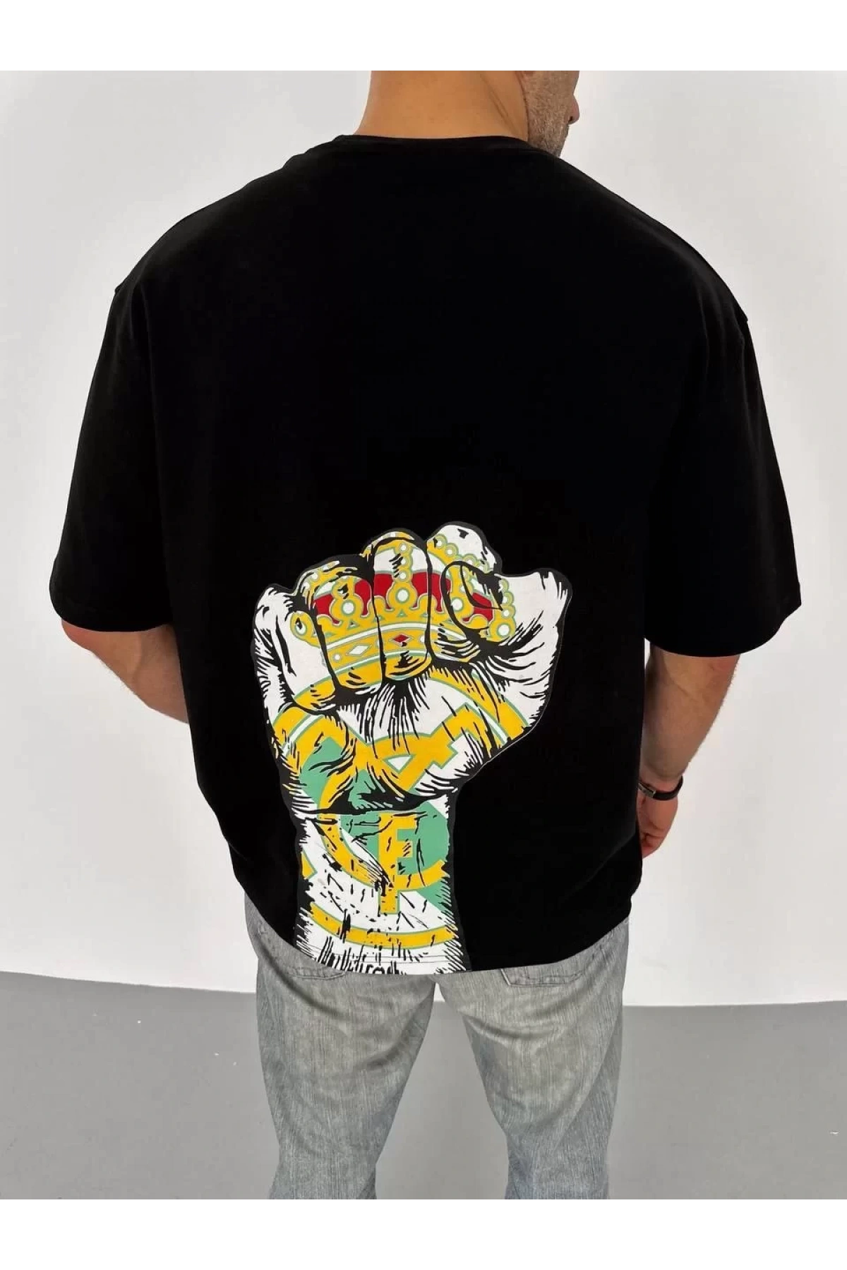 Unisex Bisiklet Yaka Baskılı Oversize T-Shirt - Siyah