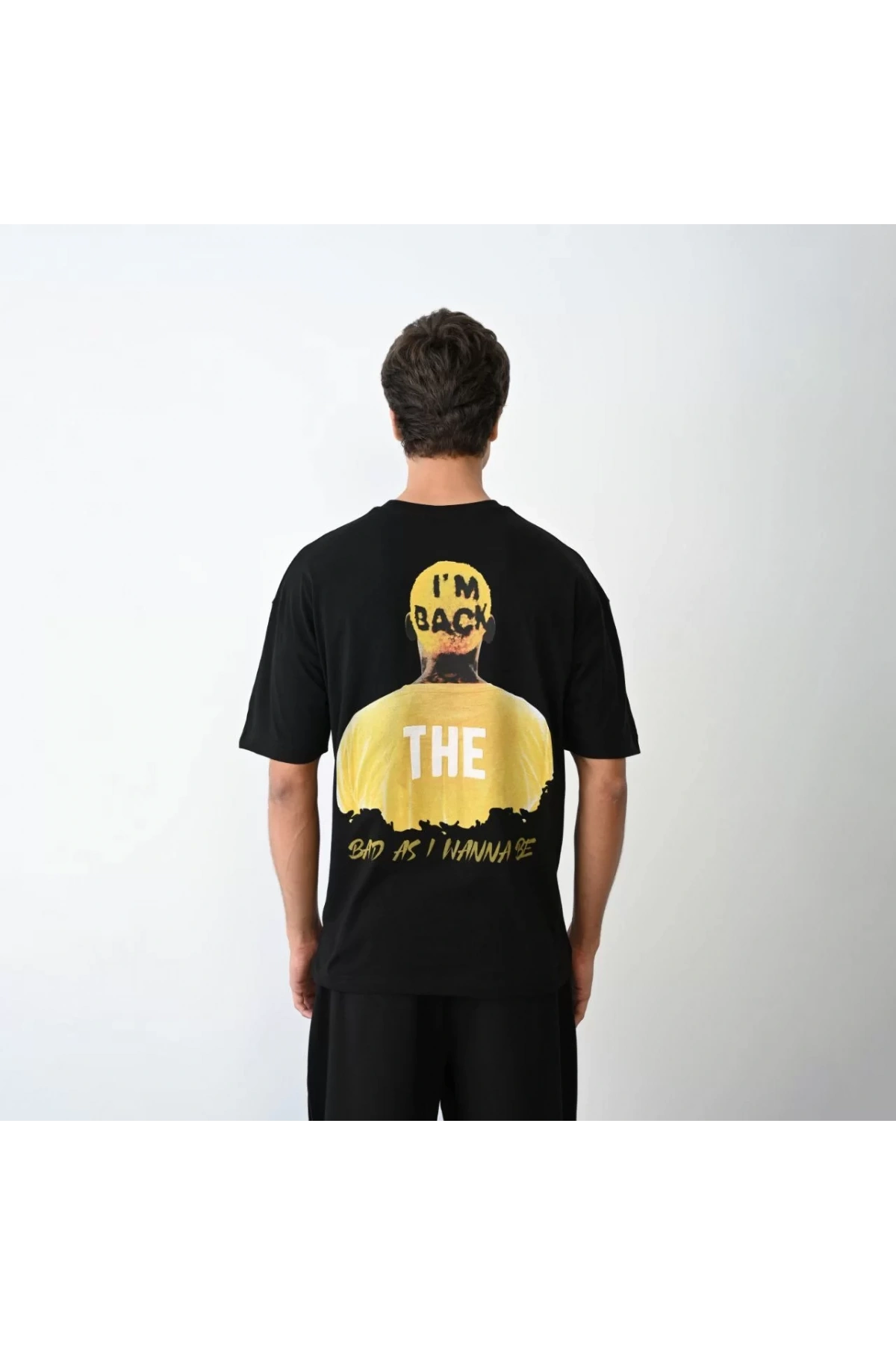 Unisex Bisiklet Yaka Baskılı Oversize T-Shirt - Siyah