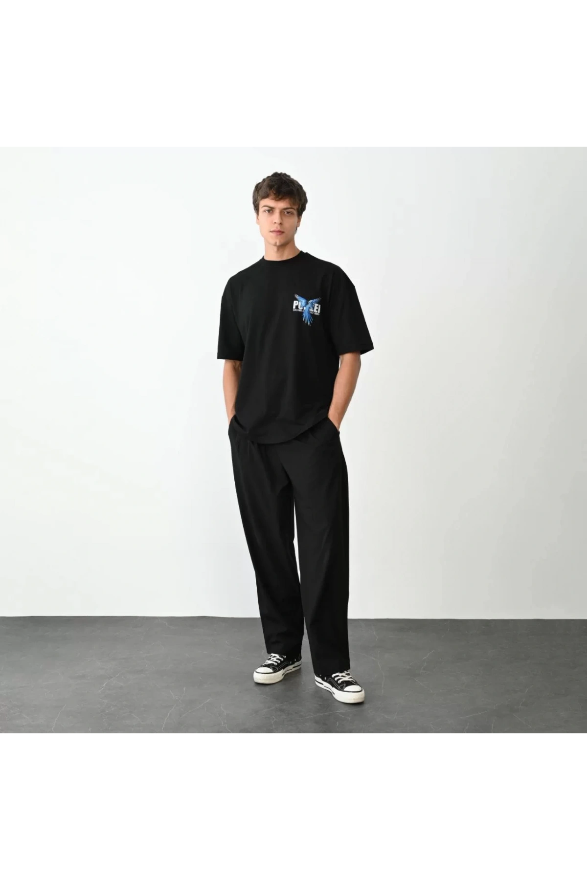 Unisex Bisiklet Yaka Baskılı Oversize T-Shirt - Siyah