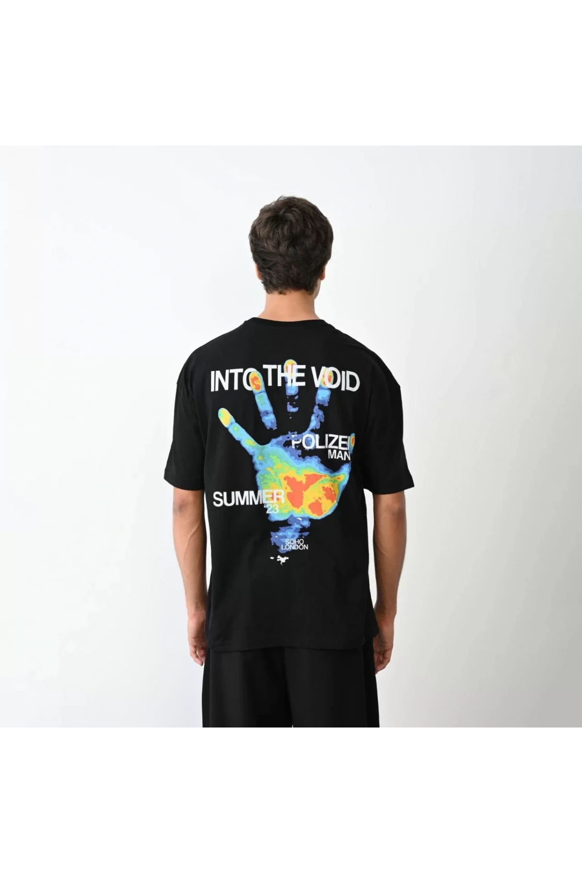 Unisex Bisiklet Yaka Baskılı Oversize T-Shirt - Siyah