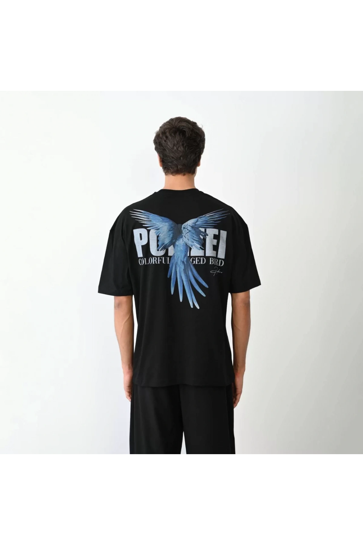 Unisex Bisiklet Yaka Baskılı Oversize T-Shirt - Siyah