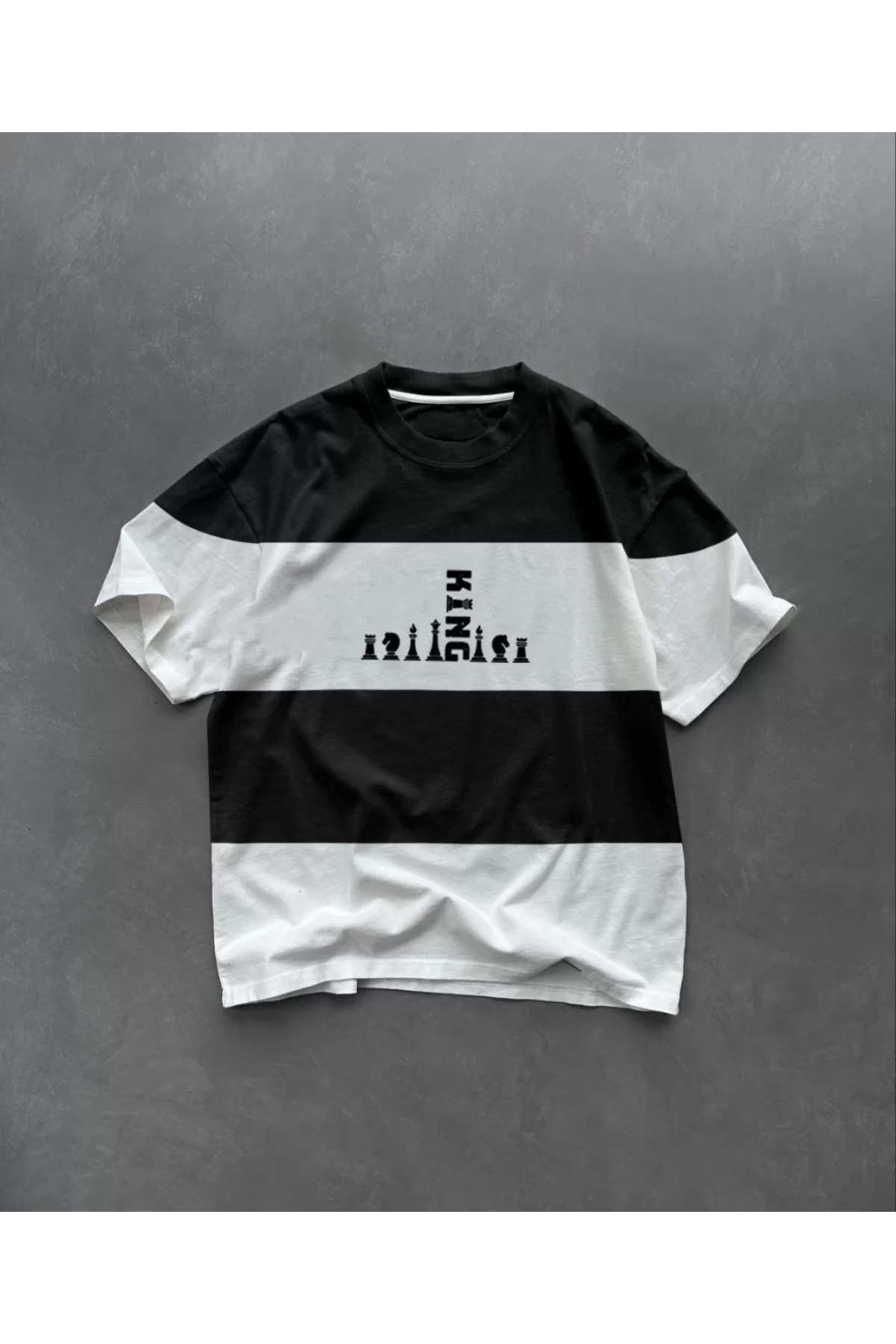 Unisex Bisiklet Yaka Baskılı Parçalı Oversize T-Shirt - Siyah