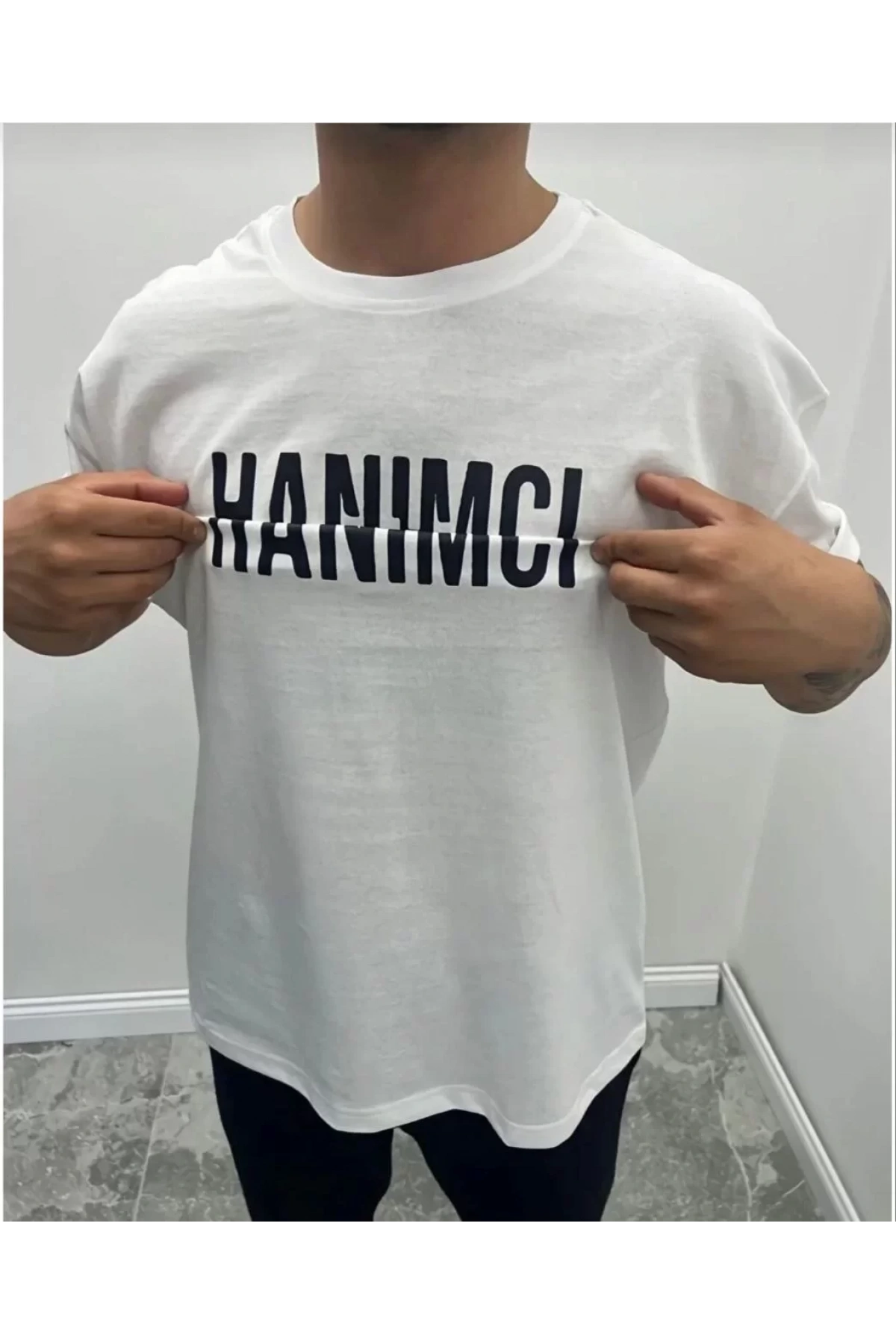 Unisex Bisiklet Yaka Katlanan Baskılı T-Shirt - Beyaz