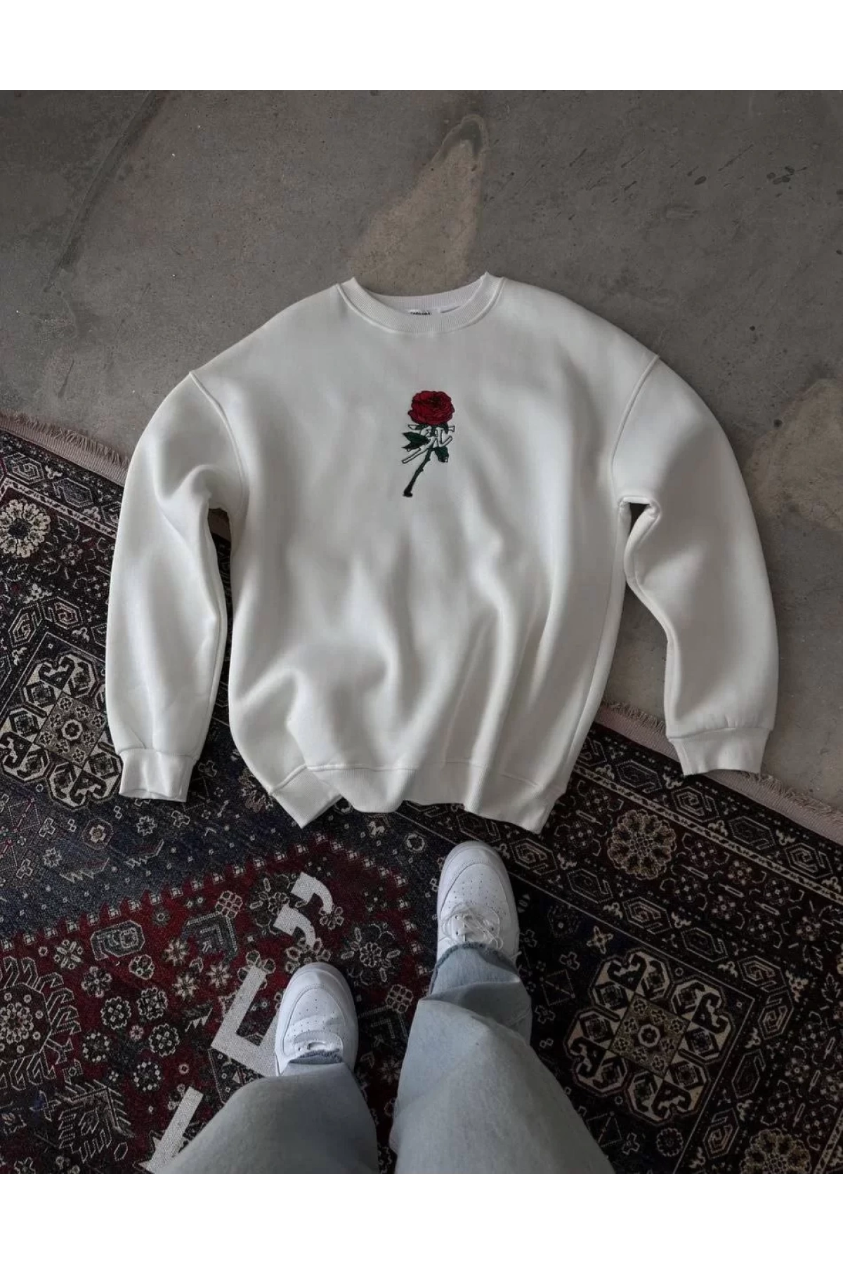 Unisex Bisiklet Yaka Ön Ve Arka Baskılı SweatShirt - Beyaz