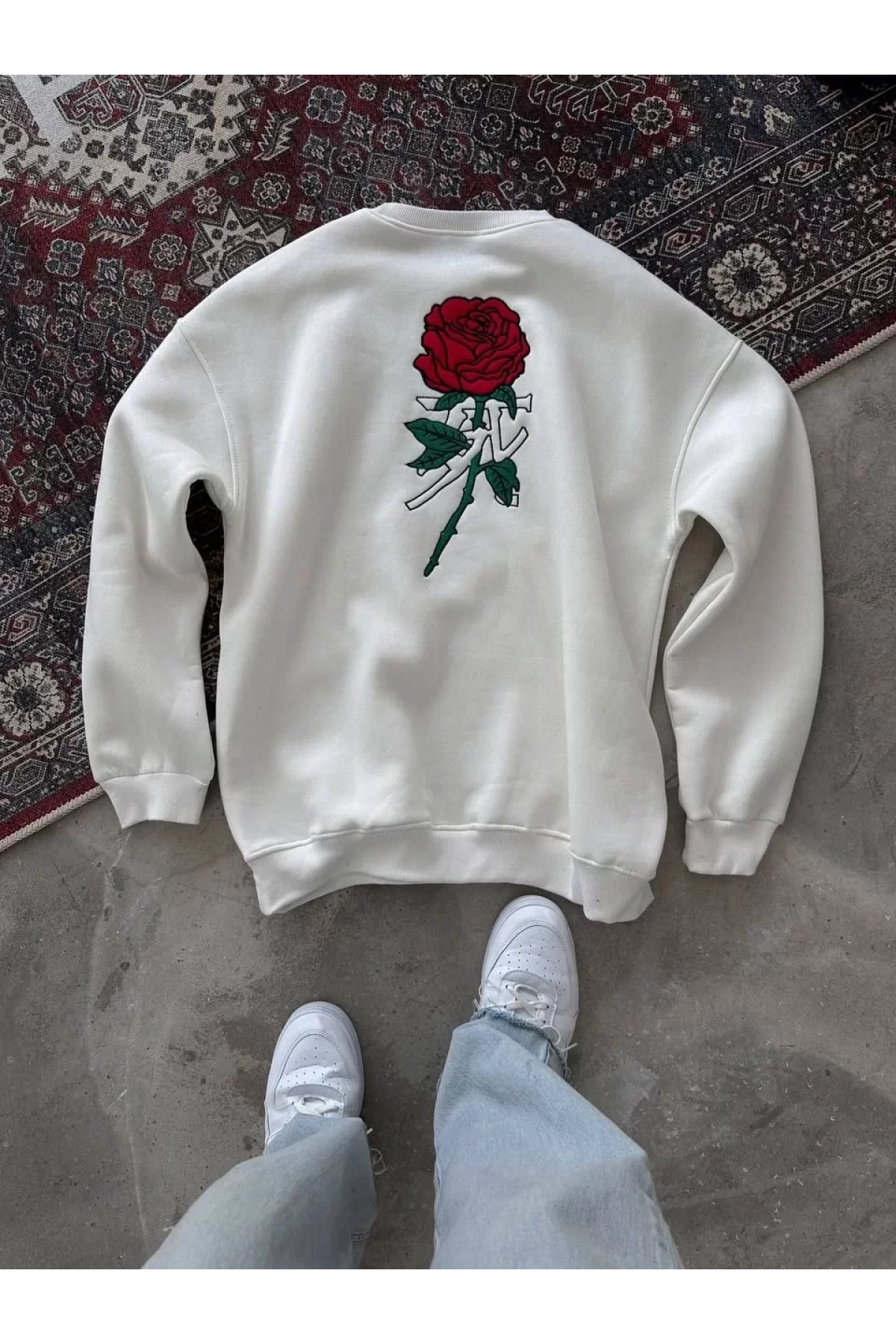 Unisex Bisiklet Yaka Ön Ve Arka Baskılı SweatShirt - Beyaz
