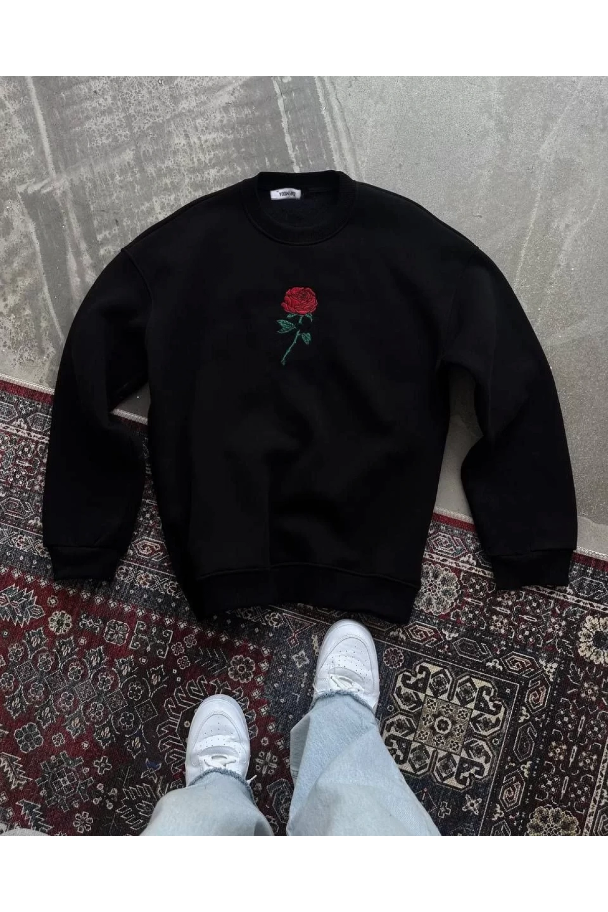Unisex Bisiklet Yaka Ön Ve Arka Baskılı SweatShirt - Siyah