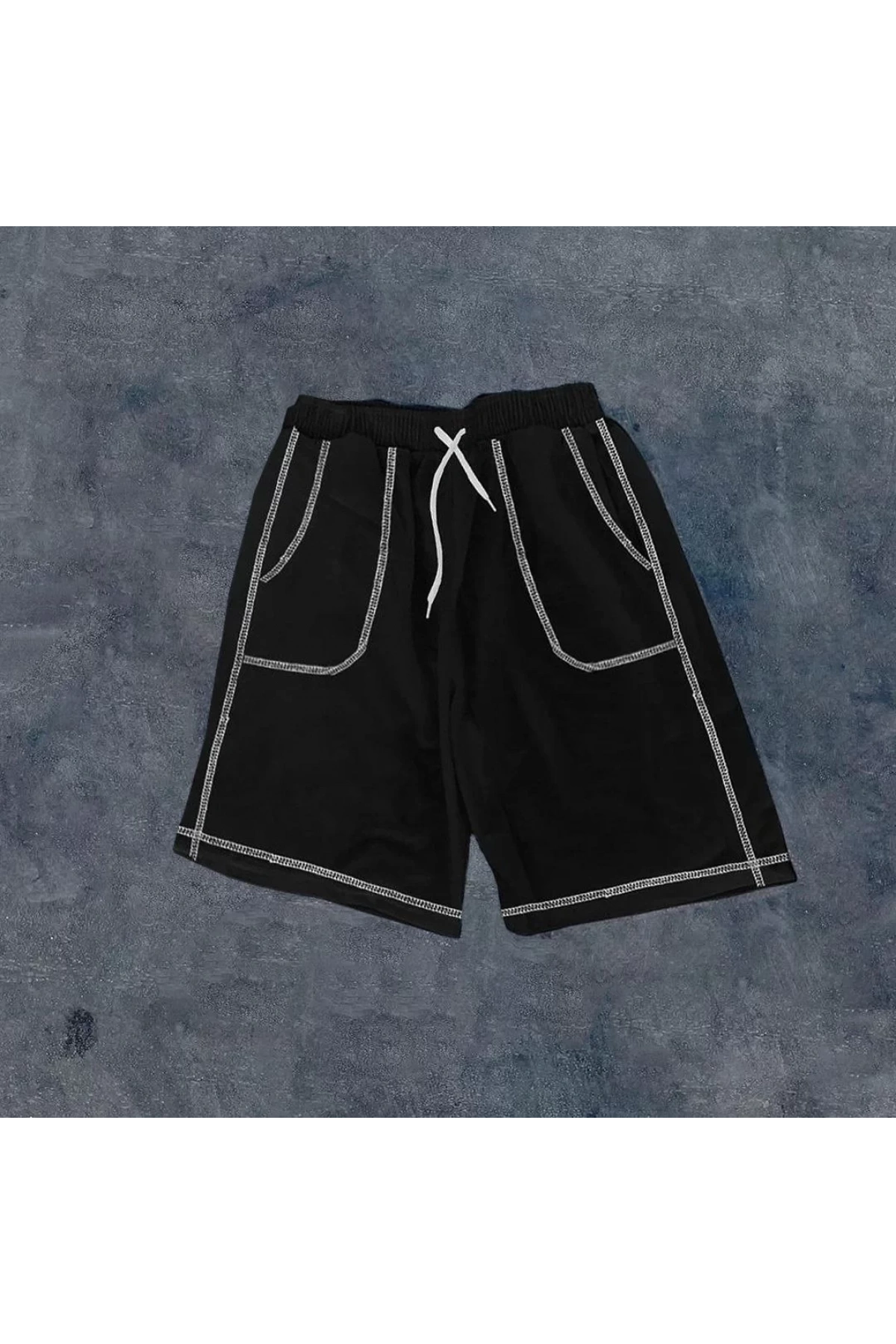 Unisex Dikişli Cepli Oversize Şort - Siyah