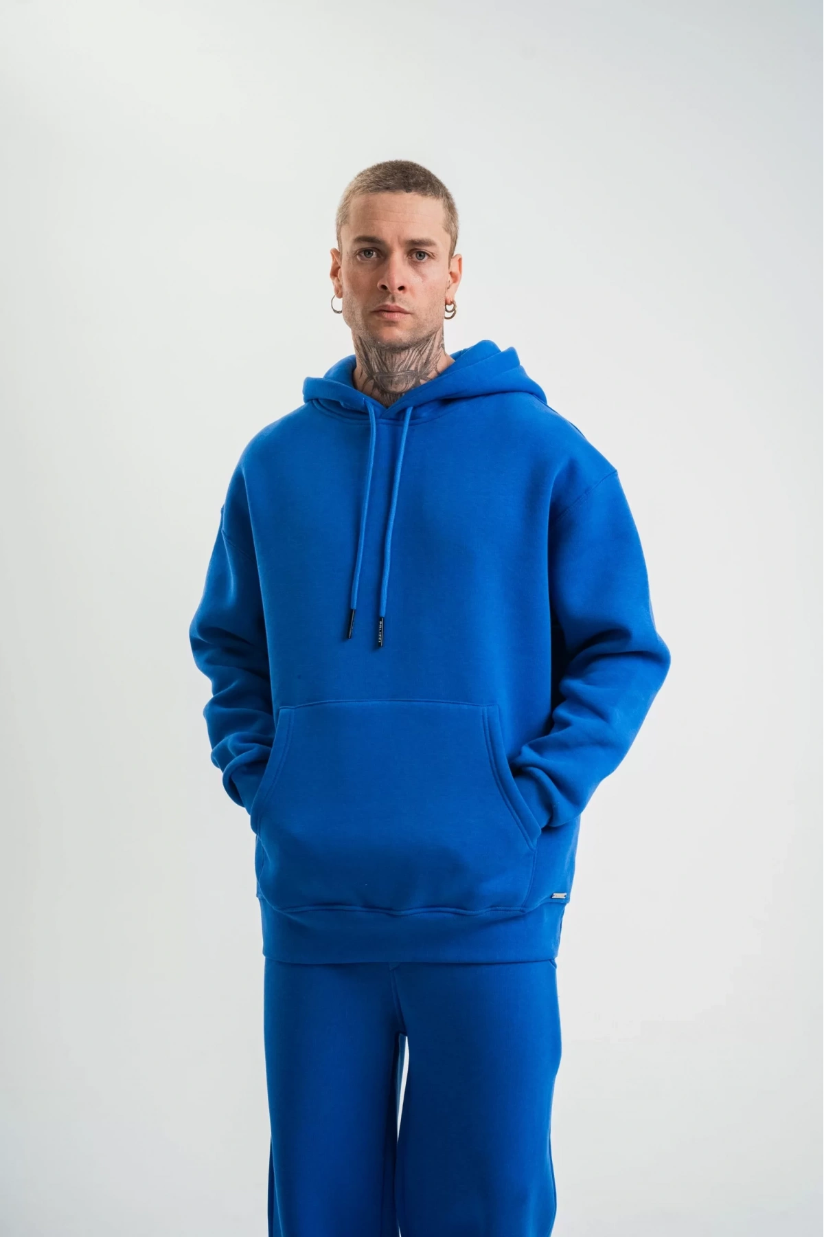 Unisex Double Oversize Kapşonlu Basic SweatShirt - Mavi