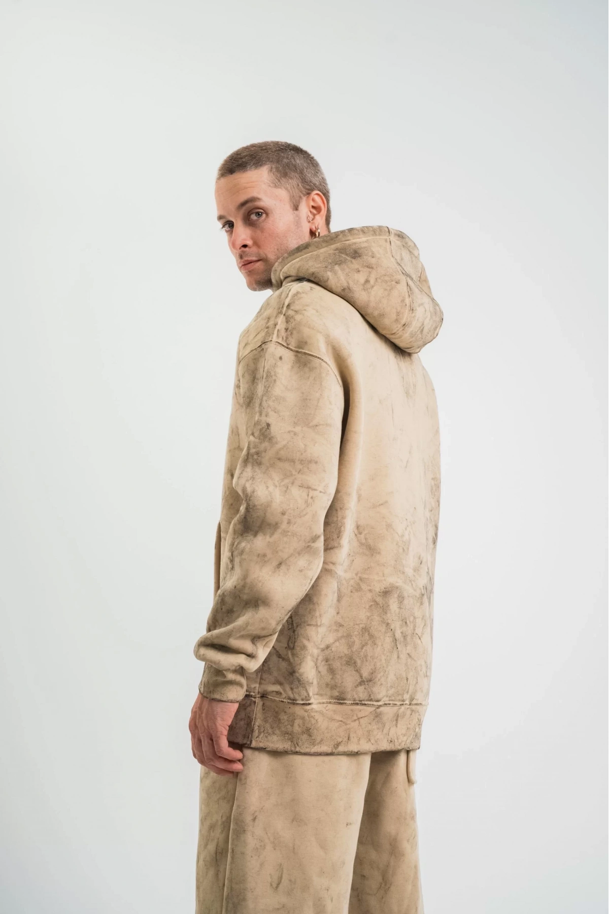 Unisex Double Oversize Kapşonlu Yıkamalı SweatShirt - Bej