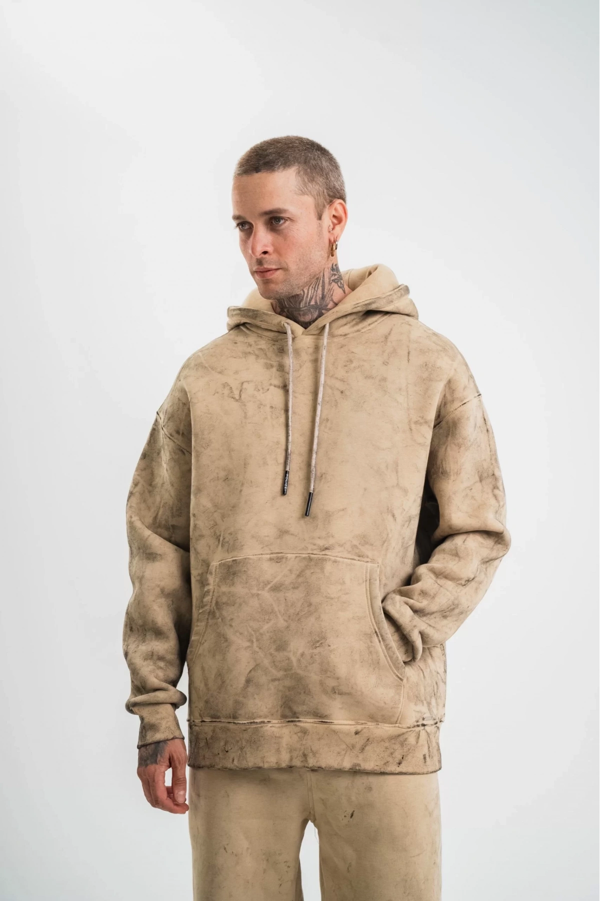 Unisex Double Oversize Kapşonlu Yıkamalı SweatShirt - Bej