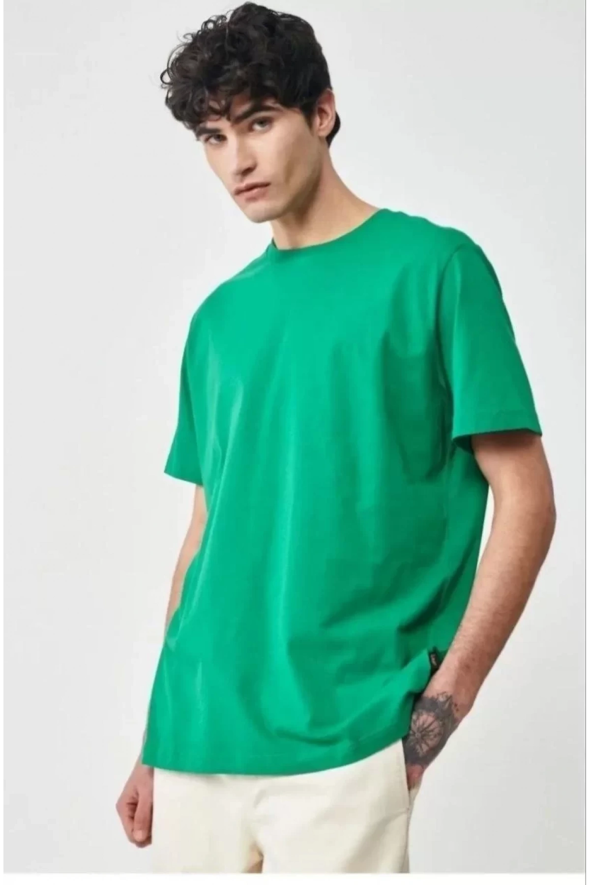 Unisex Düz Biskilet Yaka Oversize T-shirt - Yeşil