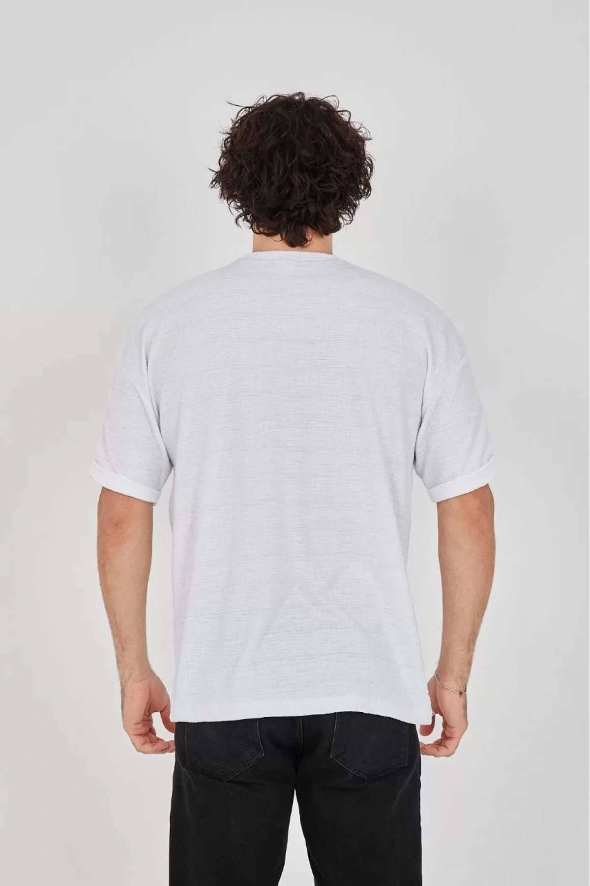 Unisex Jakar Kumaş Rahat Kol T-Shirt - Beyaz