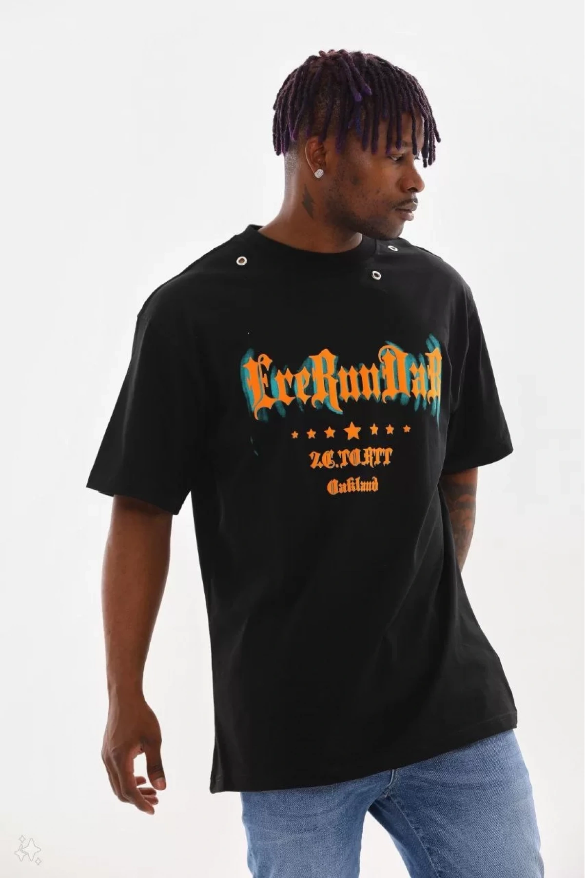 Unisex Kuşgözü Detaylı Baskılı Oversize T-Shirt - Siyah