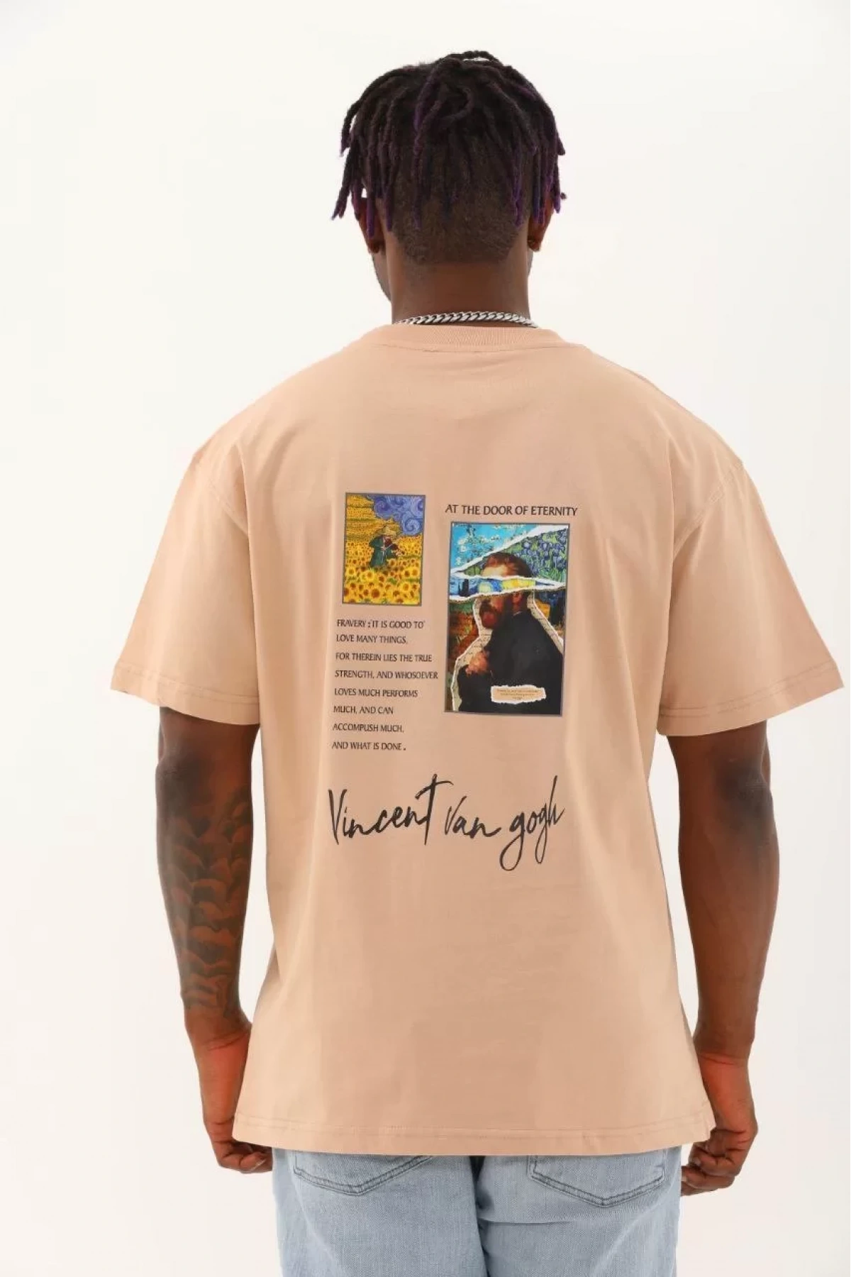 Unisex Oversize Baskılı Bisiklet Yaka T-Shirt - Bej