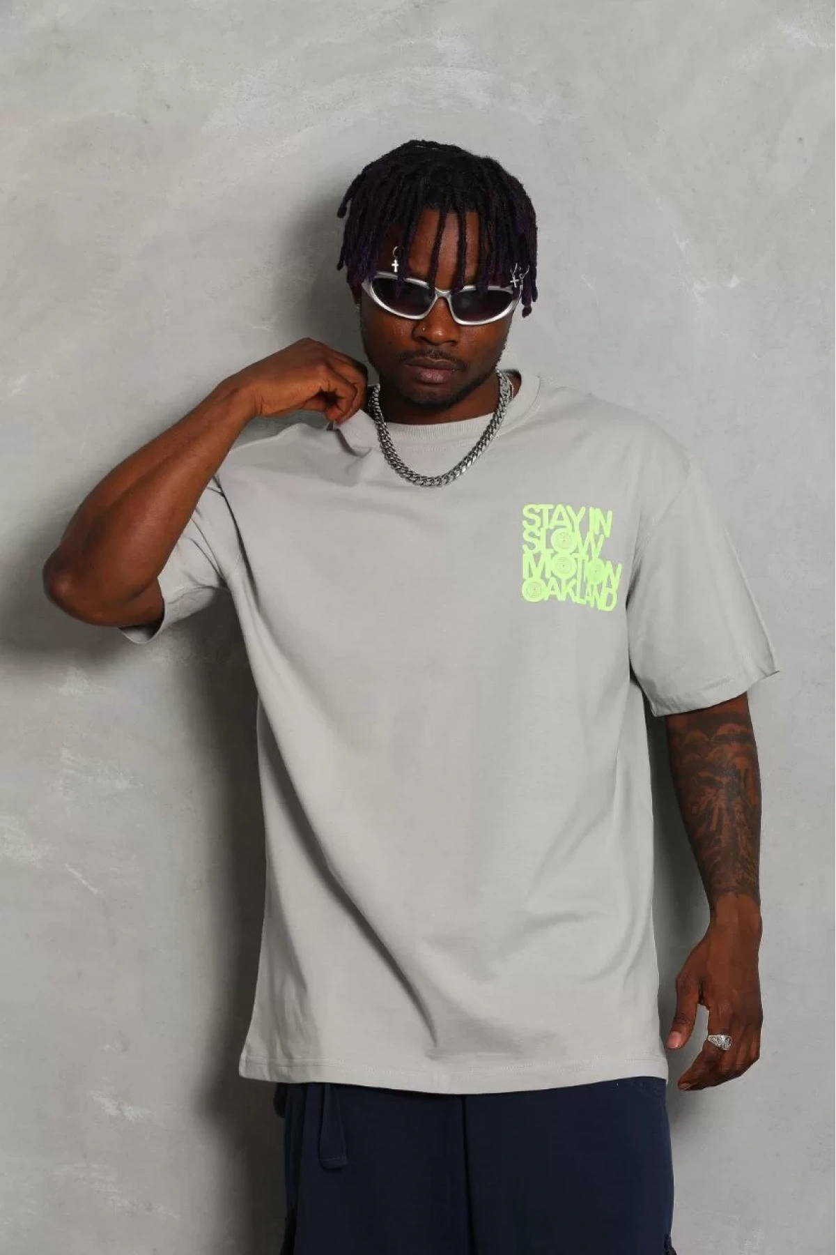 Unisex Oversize Baskılı Bisiklet Yaka T-Shirt - Gri