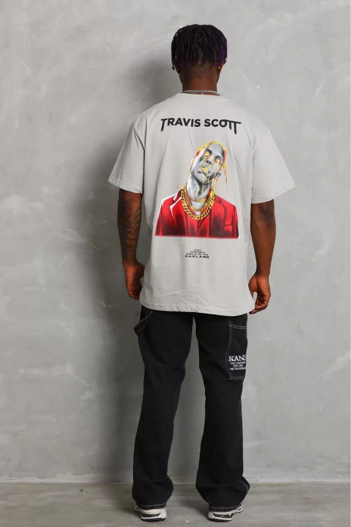 Unisex Oversize Baskılı Bisiklet Yaka T-Shirt - Gri