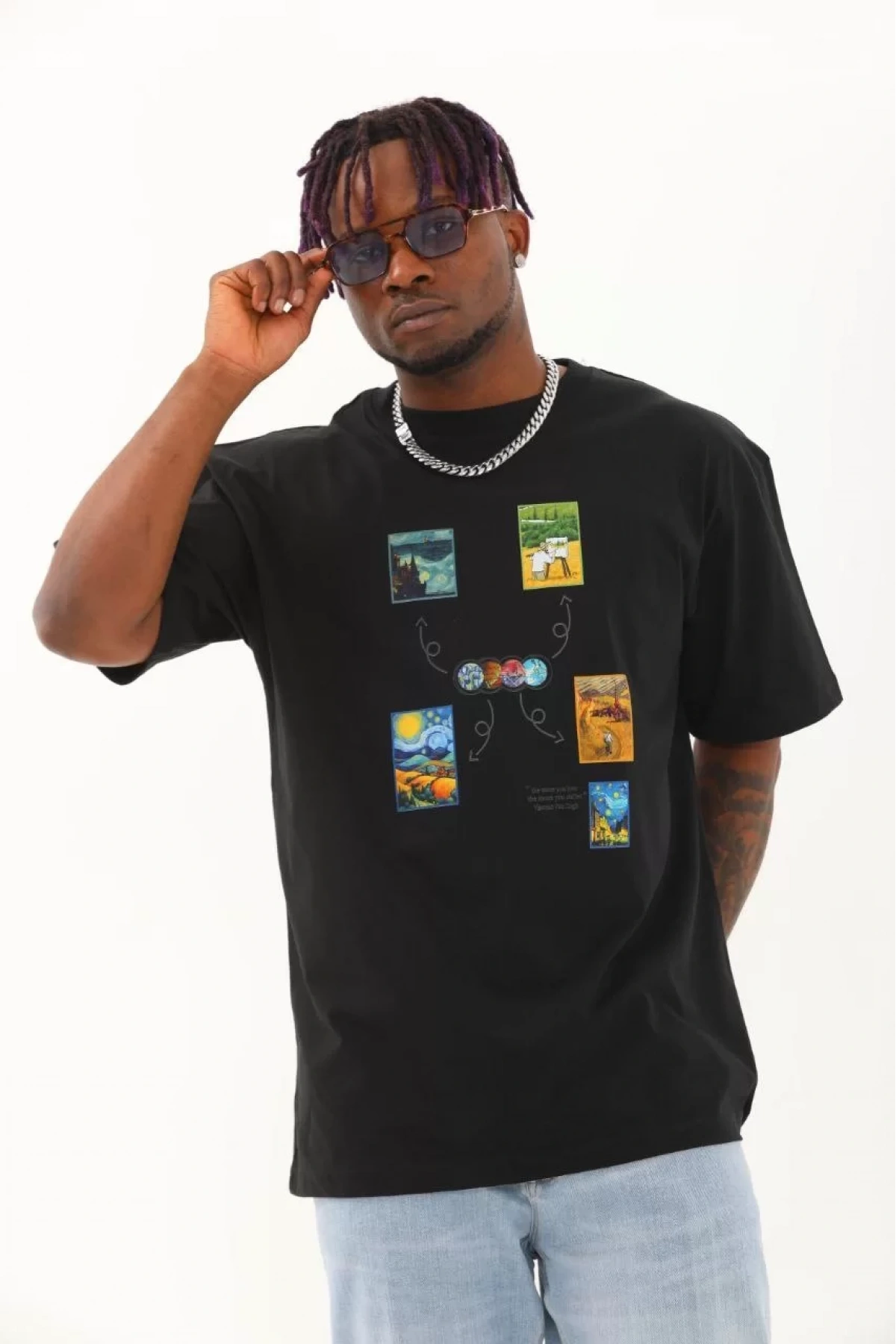 Unisex Oversize Baskılı Bisiklet Yaka T-Shirt - Siyah