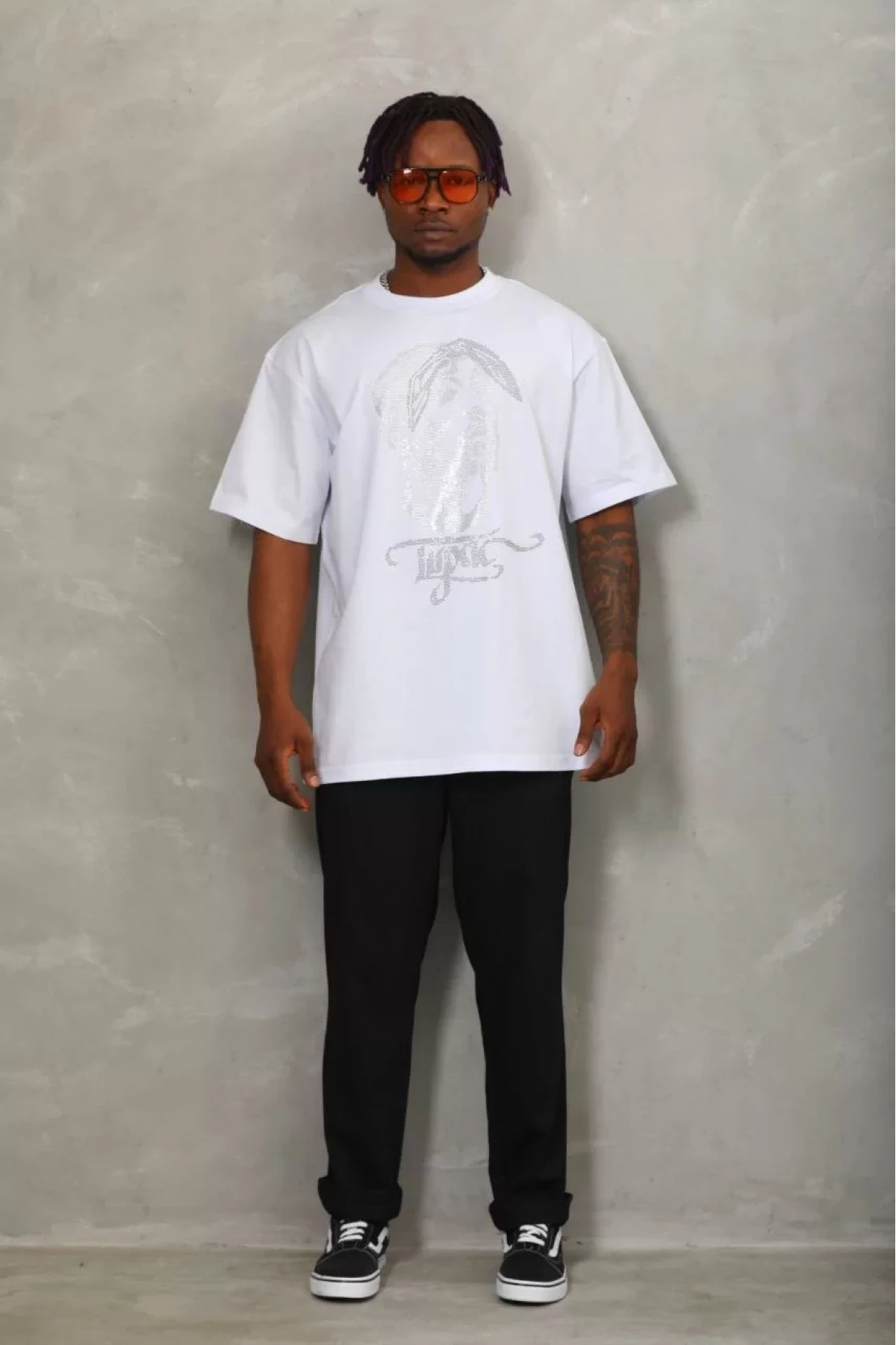 Unisex Oversize Taşlı Bisiklet Yaka T-Shirt - Beyaz