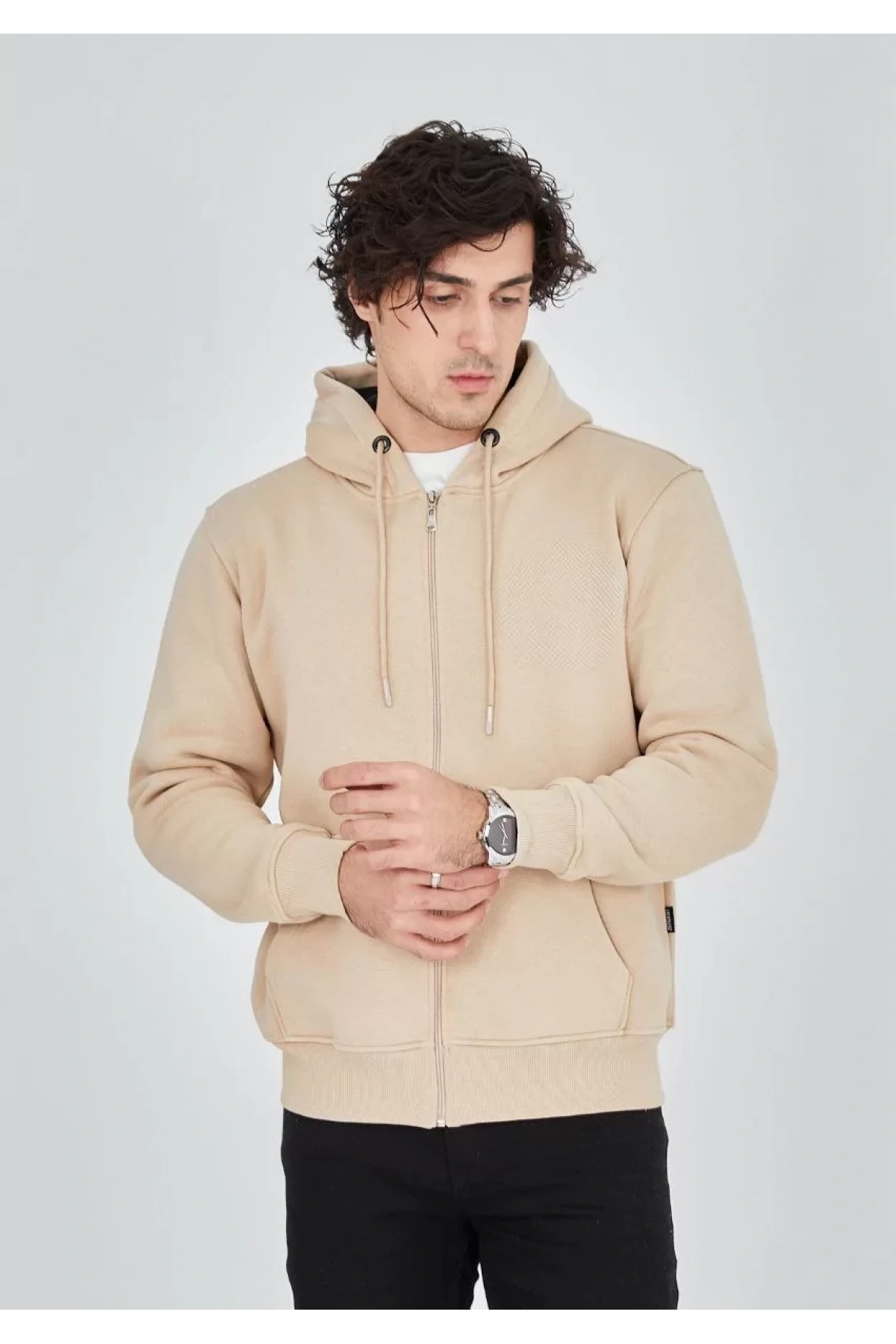 Unisex Tam Fermuarlı Kapşonlu  SweatShirt - Bej