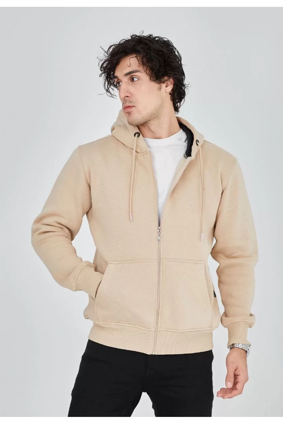 Unisex Tam Fermuarlı Kapşonlu  SweatShirt - Bej
