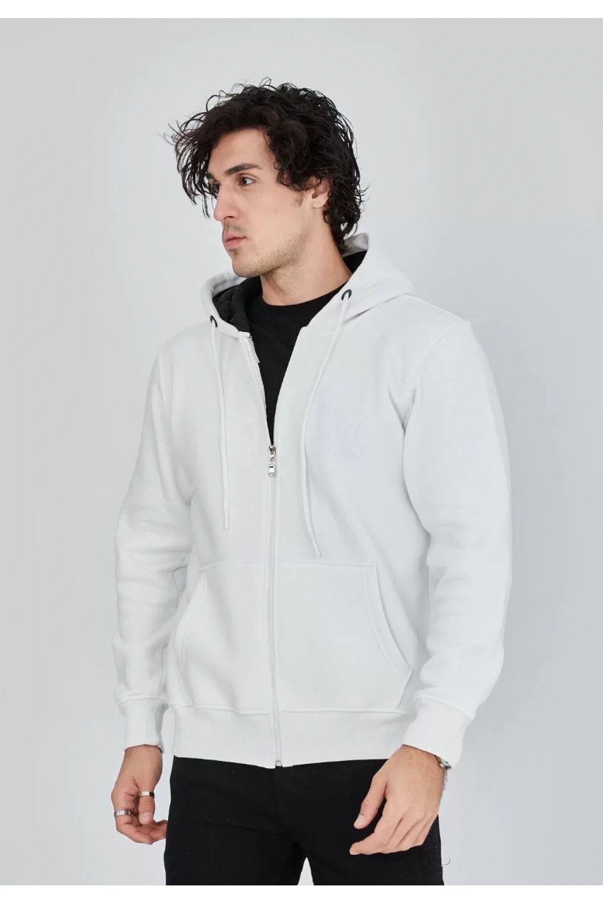 Unisex Tam Fermuarlı Kapşonlu  SweatShirt - Beyaz