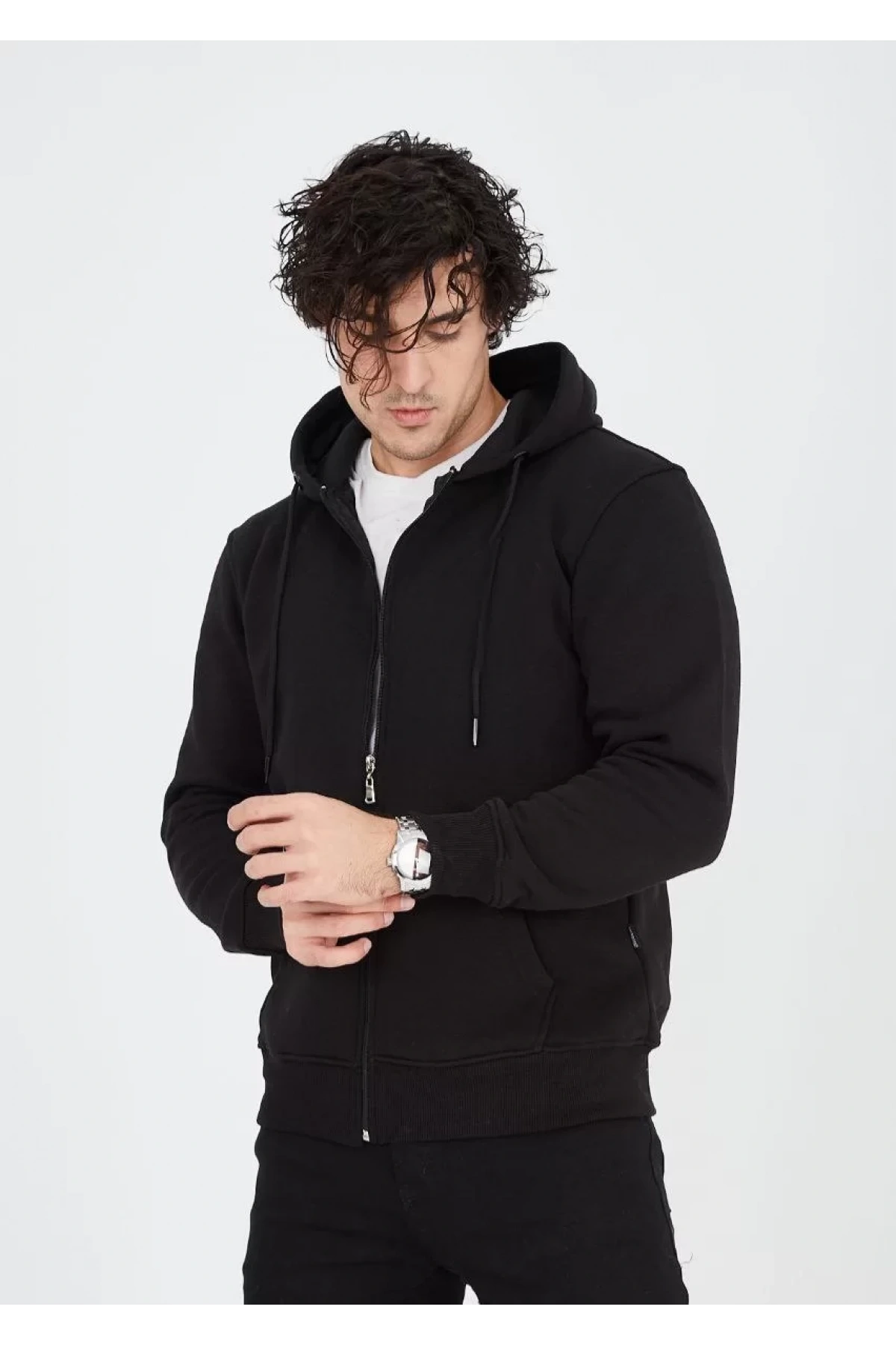 Unisex Tam Fermuarlı Kapşonlu  SweatShirt - Siyah