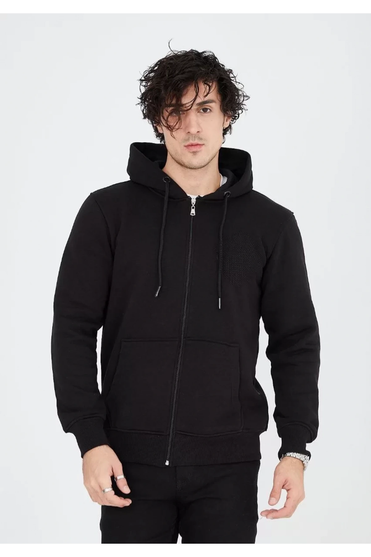 Unisex Tam Fermuarlı Kapşonlu  SweatShirt - Siyah