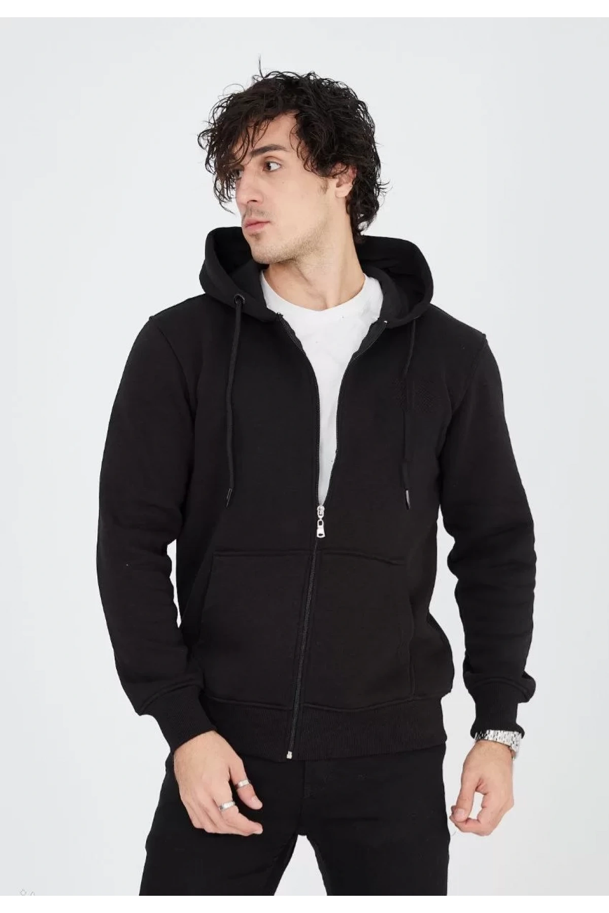 Unisex Tam Fermuarlı Kapşonlu  SweatShirt - Siyah