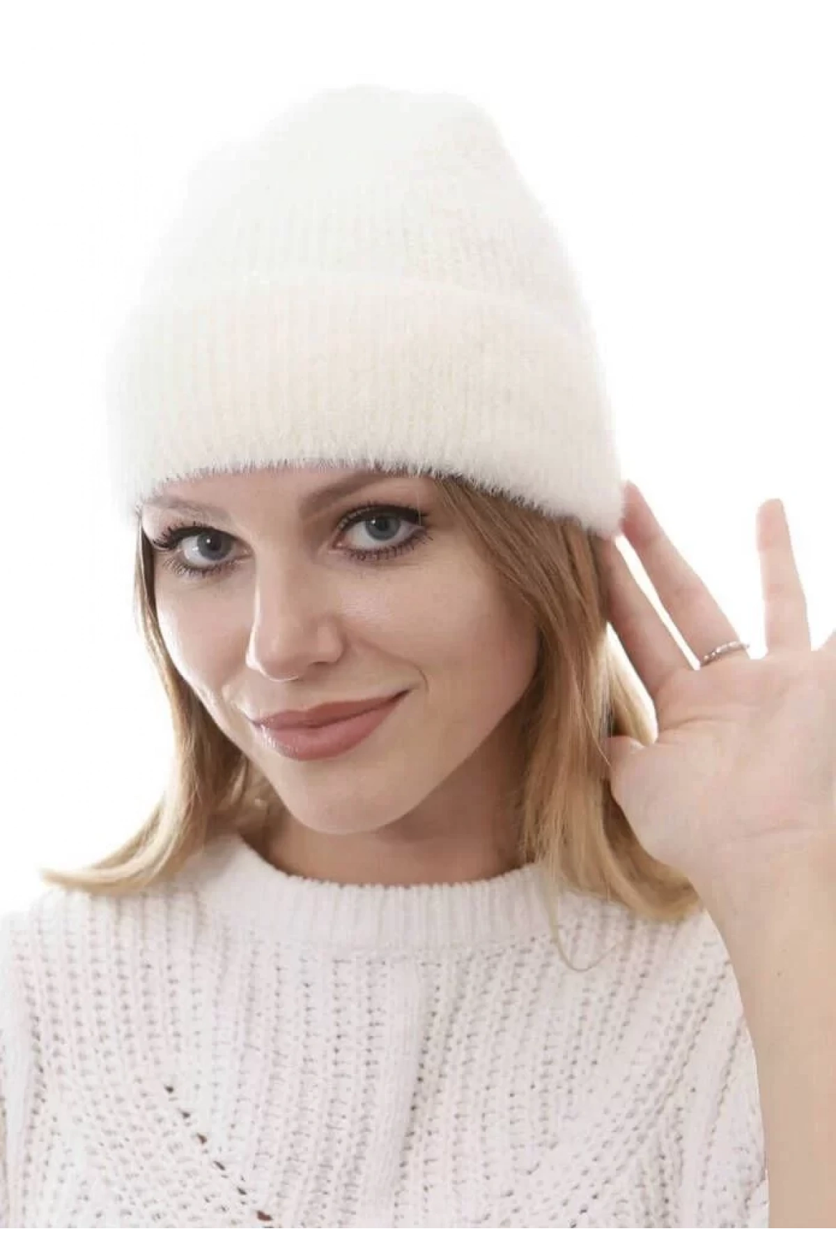 Unisex Tam Kalıp İnce Sakallı Triko Bere - Beyaz