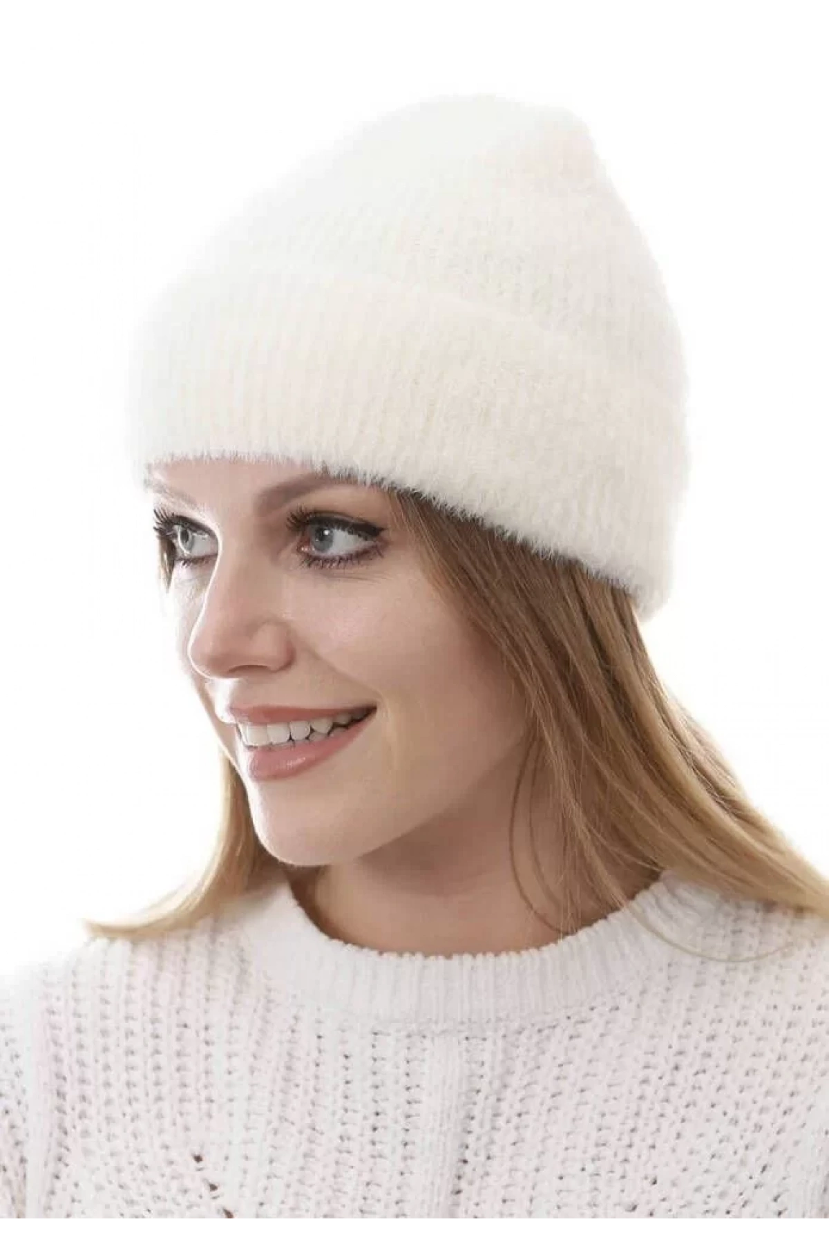 Unisex Tam Kalıp İnce Sakallı Triko Bere - Beyaz