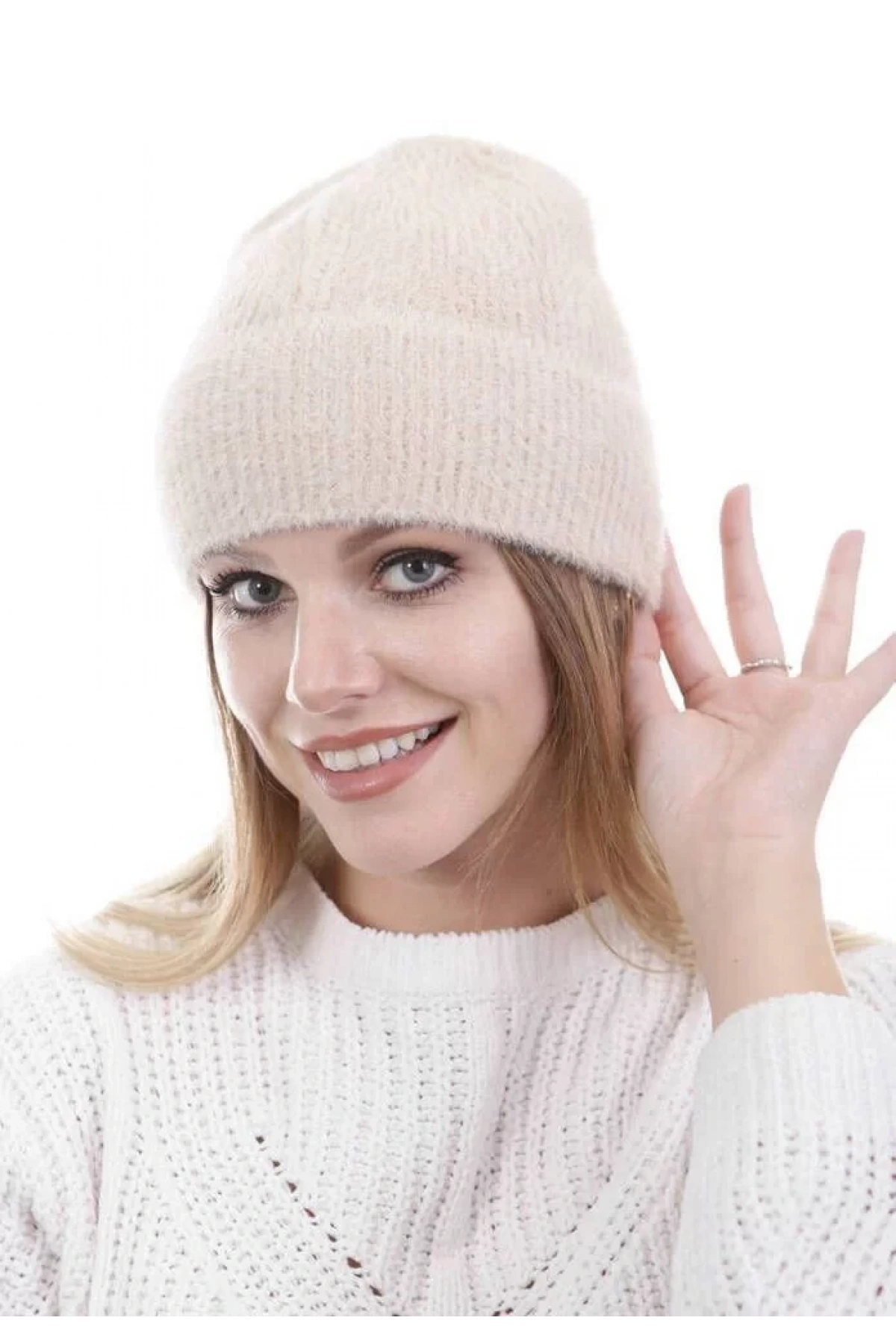 Unisex Tam Kalıp İnce Sakallı Triko Bere - Pudra