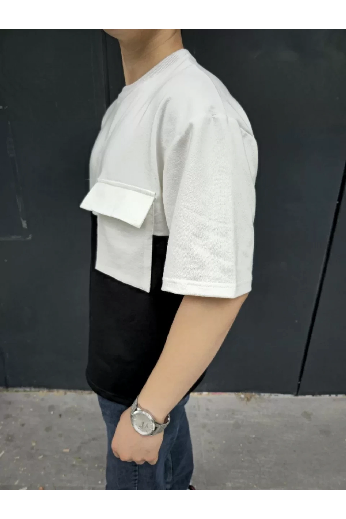 Unisex Torba Cep Detaylı Parçalı T-Shirt - Siyah