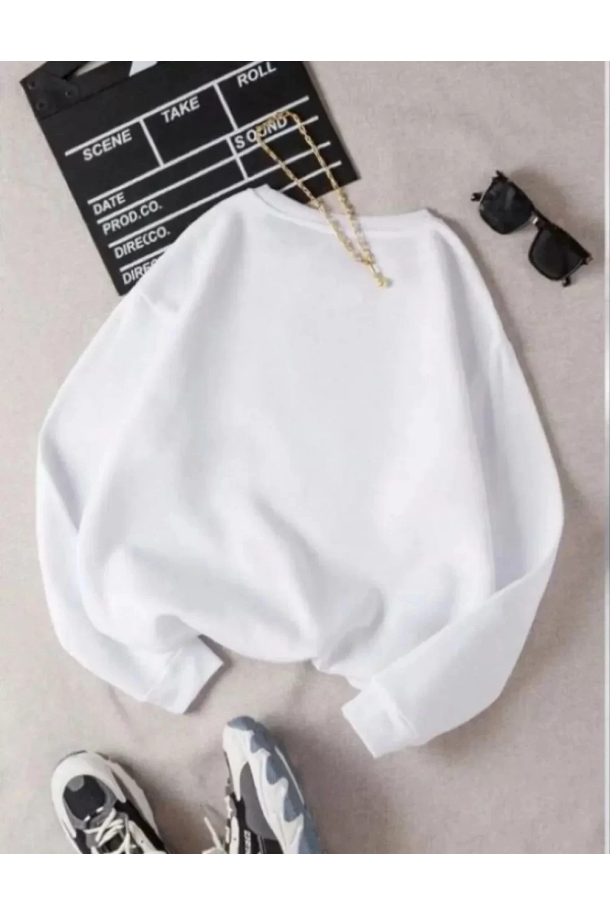 Unisex Üç İplik Biskilet Yaka SweatShirt - Beyaz