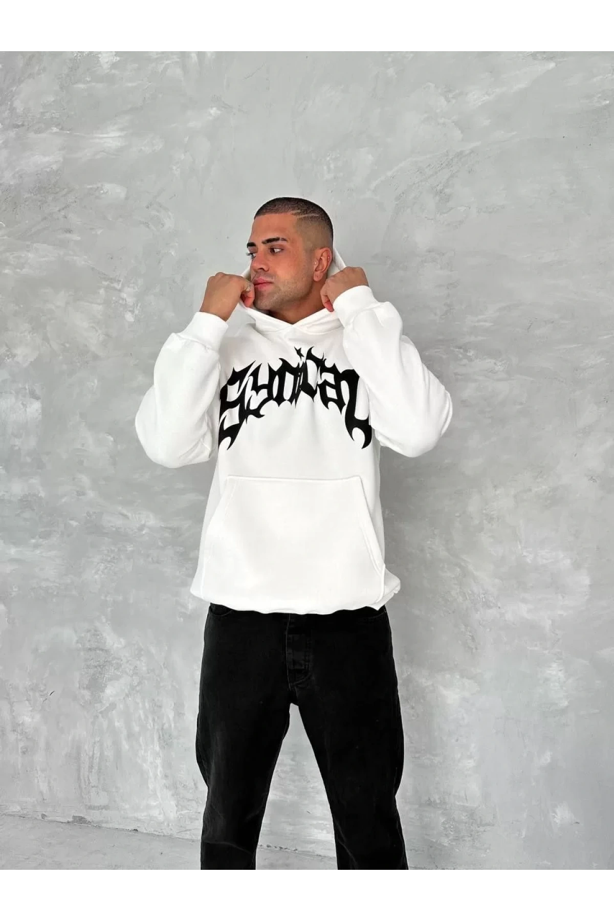 Unisex Üç İplik Kapüşonlu Baskılı SweatShirt - Beyaz