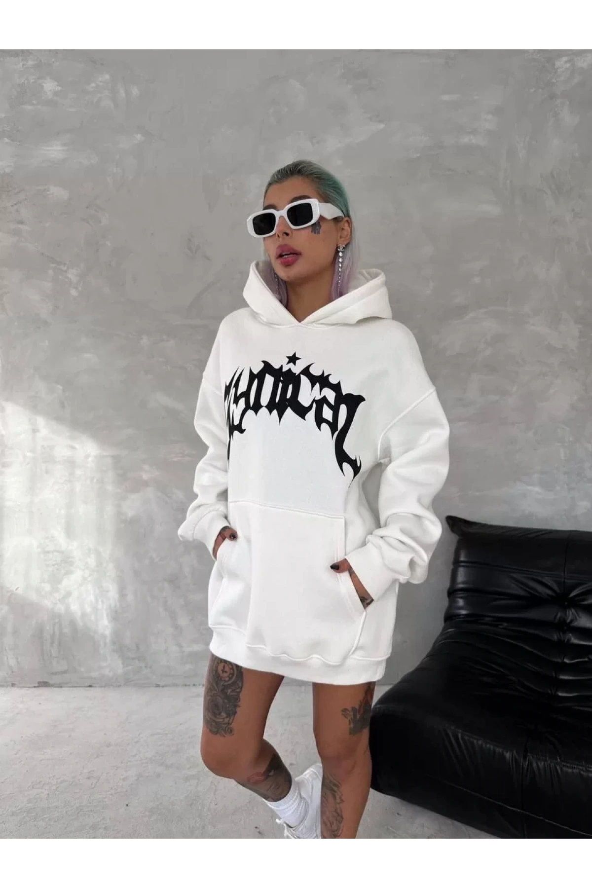 Unisex Üç İplik Kapüşonlu Baskılı SweatShirt - Beyaz