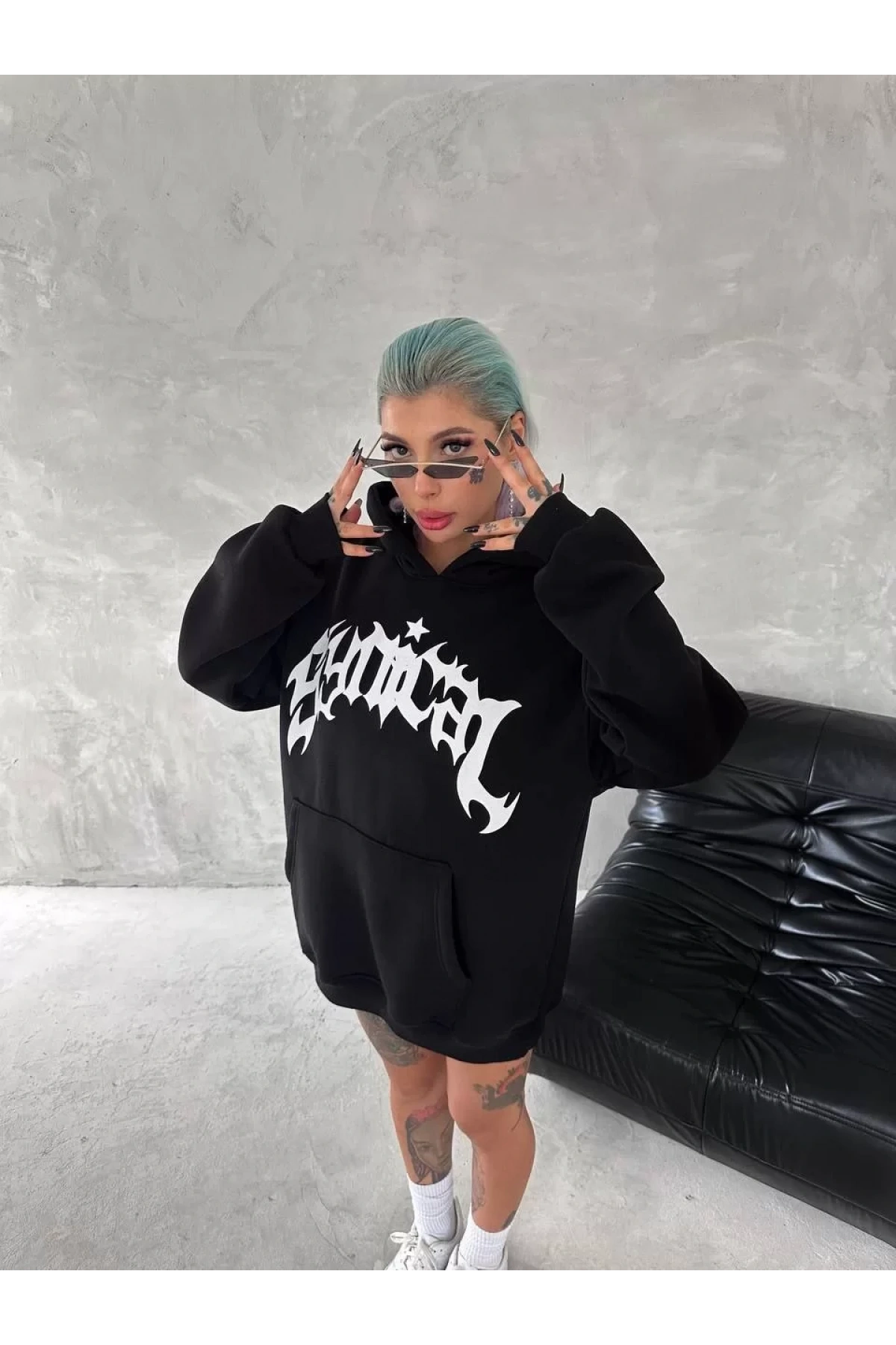 Unisex Üç İplik Kapüşonlu Baskılı SweatShirt - Siyah