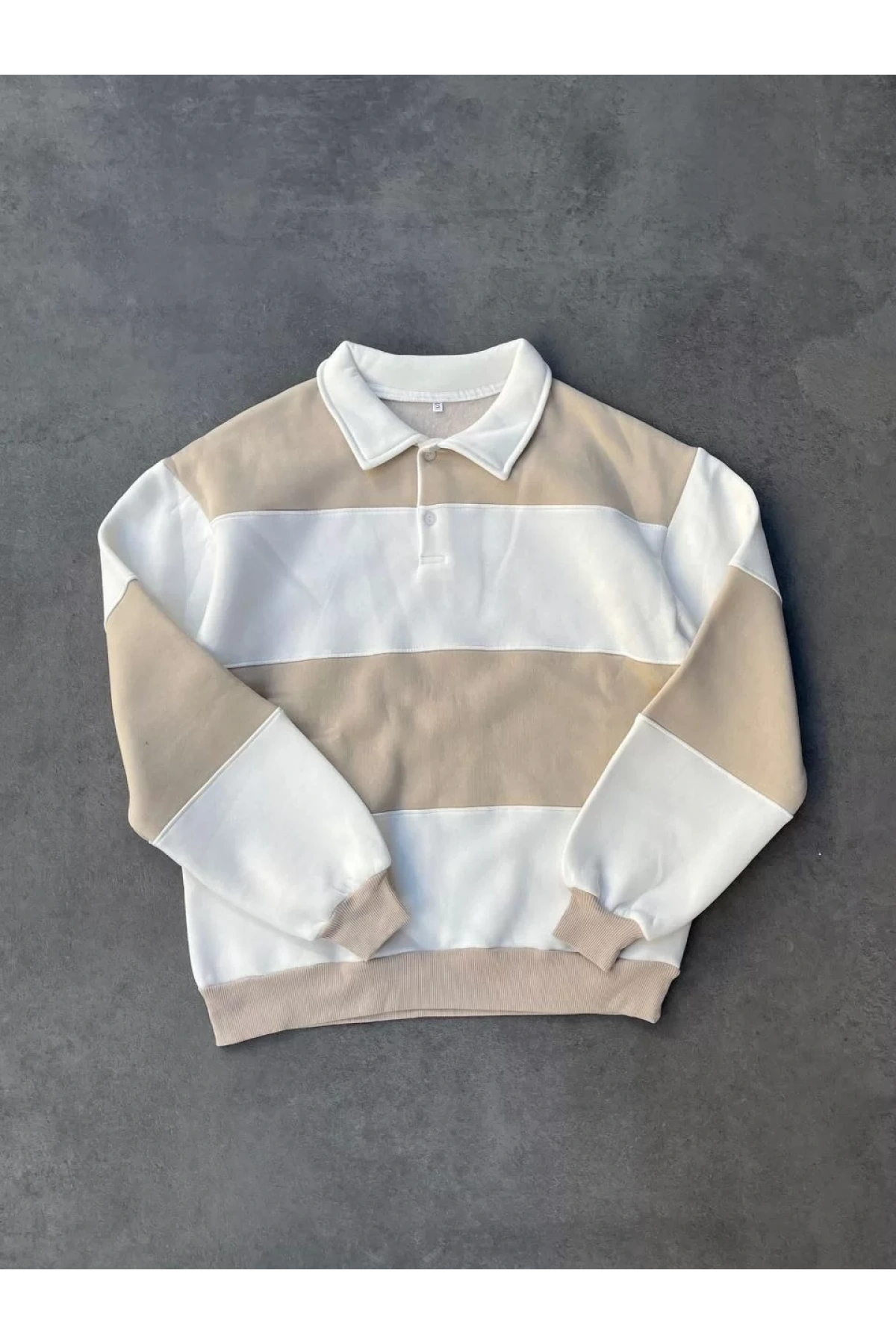 Unisex Üç İplik Parçalı Yakalı SweatShirt - Bej