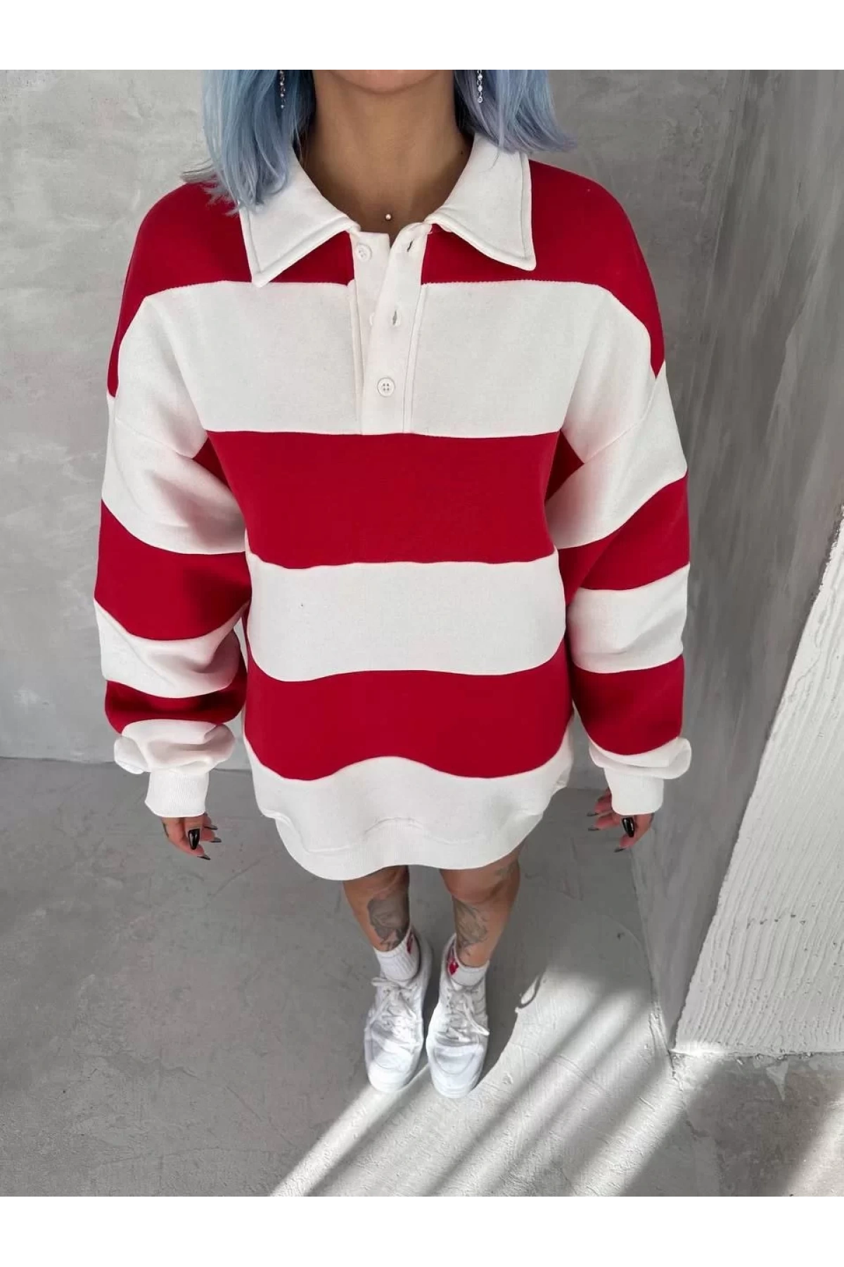 Unisex Üç İplik Parçalı Yakalı SweatShirt - Kırmızı