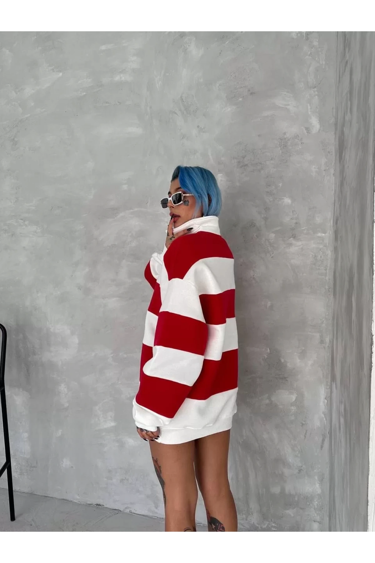 Unisex Üç İplik Parçalı Yakalı SweatShirt - Kırmızı