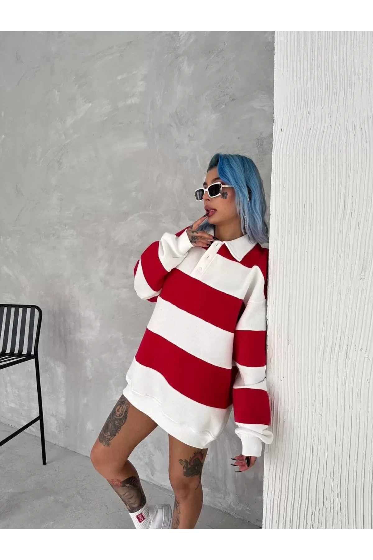 Unisex Üç İplik Parçalı Yakalı SweatShirt - Kırmızı