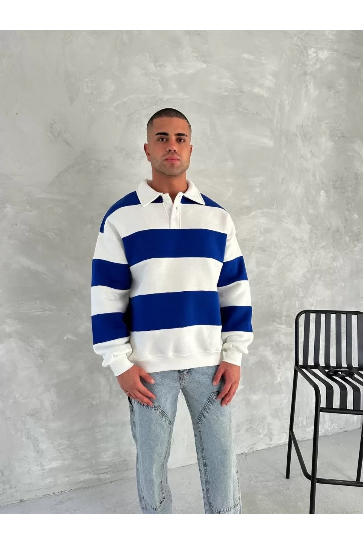 Unisex Üç İplik Parçalı Yakalı SweatShirt - Mavi