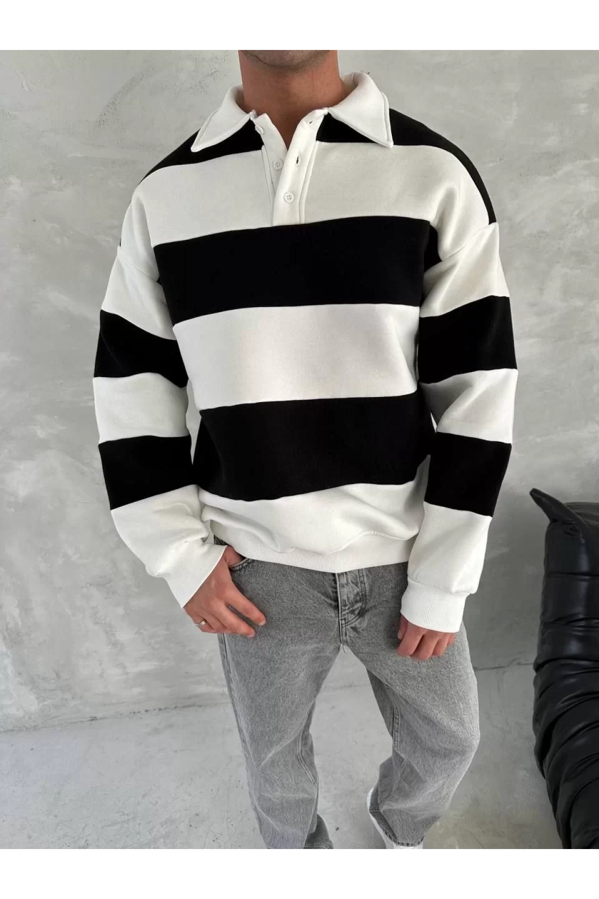 Unisex Üç İplik Parçalı Yakalı SweatShirt - Siyah