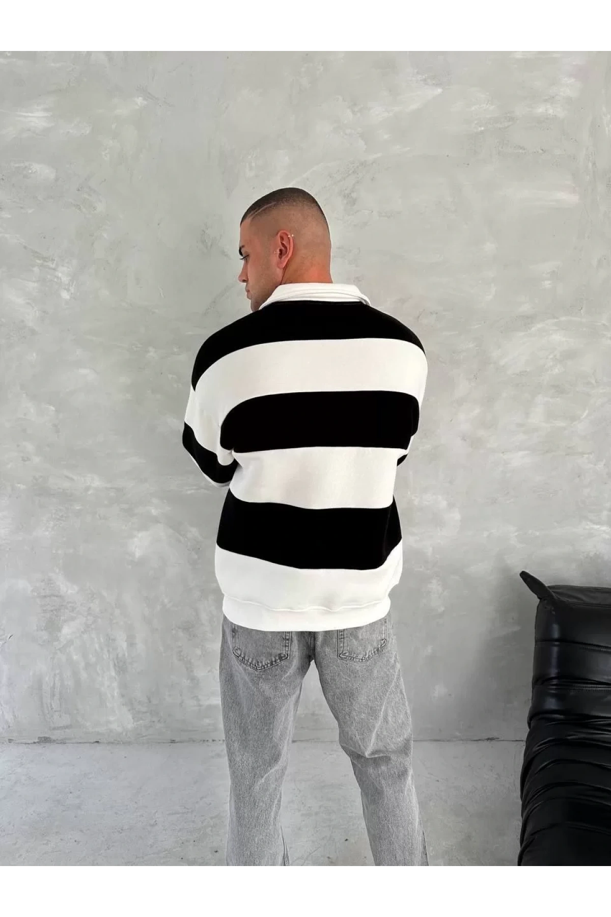 Unisex Üç İplik Parçalı Yakalı SweatShirt - Siyah