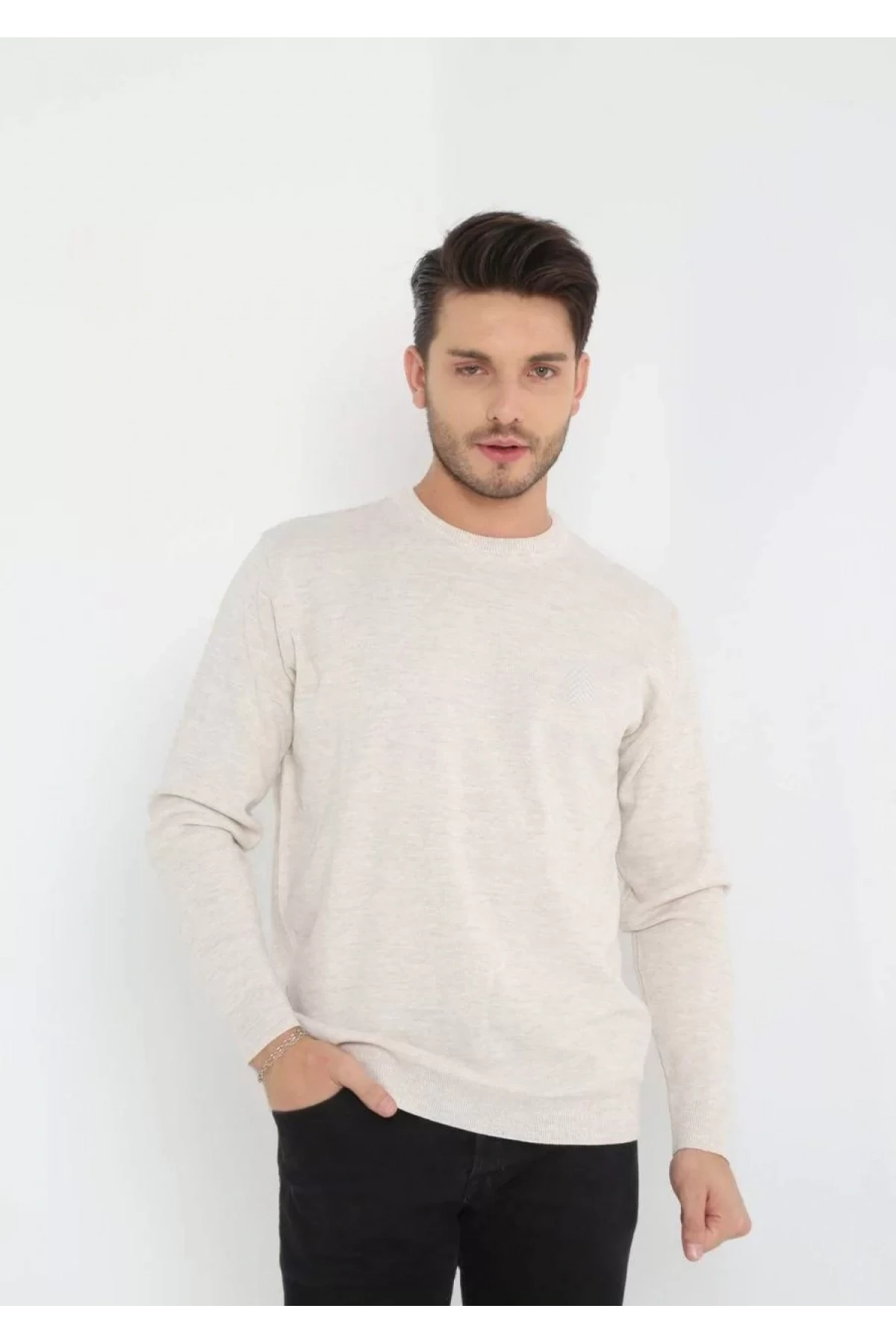 Unisex Uzun Kol Biskilet Yaka Dokuma Triko - Bej