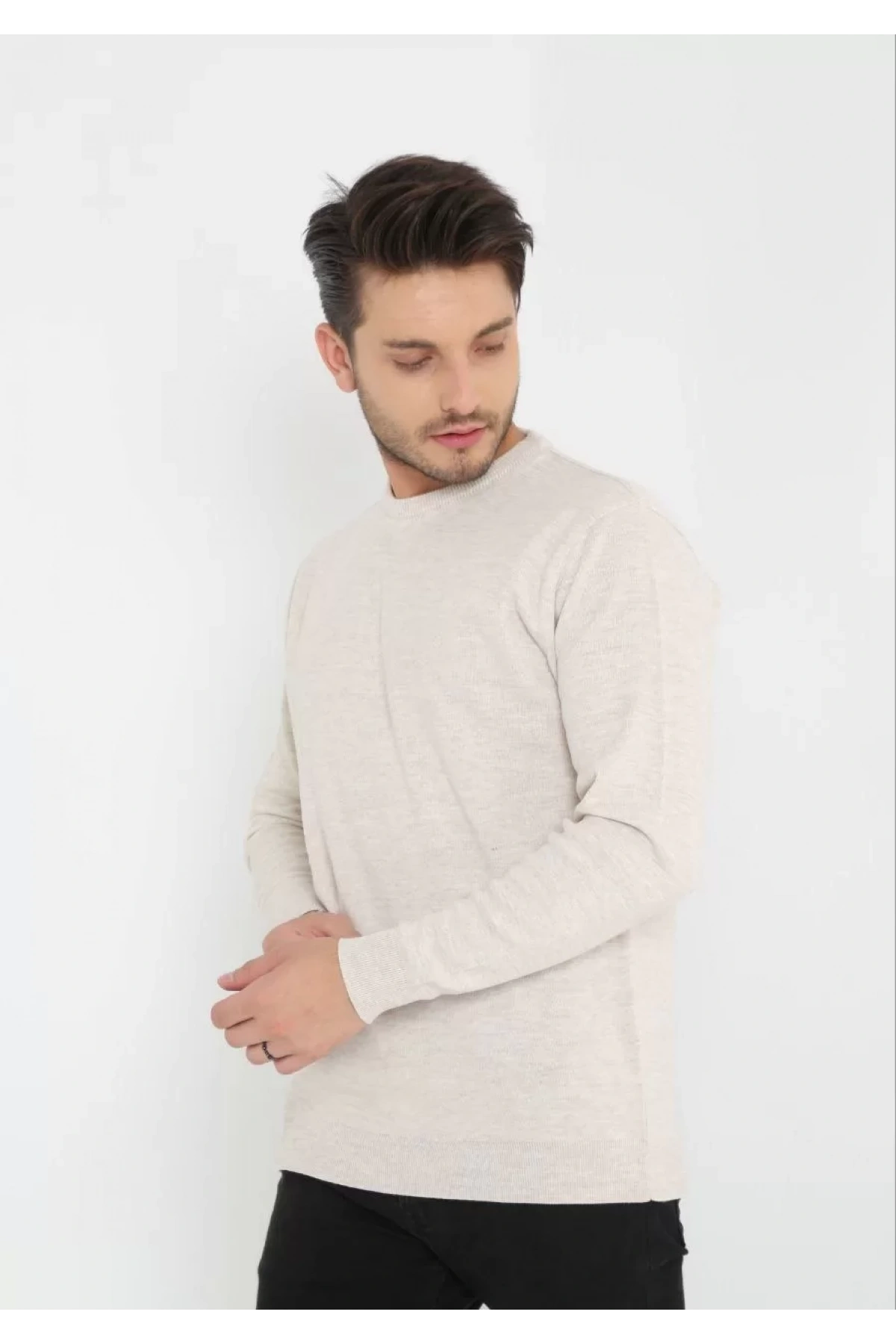 Unisex Uzun Kol Biskilet Yaka Dokuma Triko - Bej