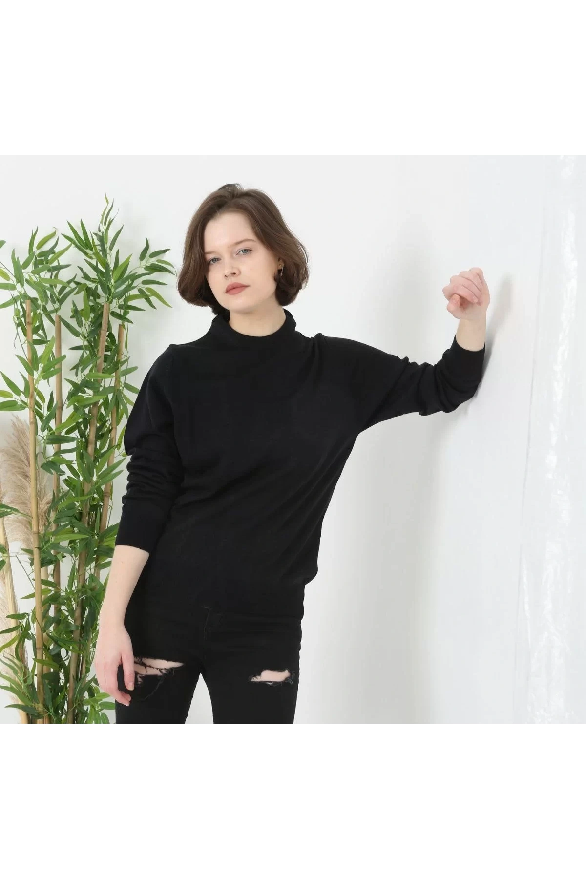 Unisex Uzun Kol Biskilet Yaka Dokuma Triko - Siyah