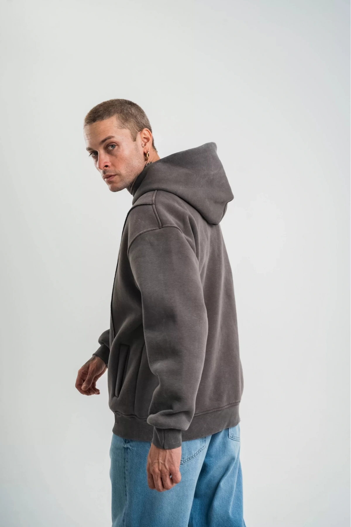 Unisex Uzun Kol Kapşonlu Yıkamalı Nakışlı SweatShirt - Füme