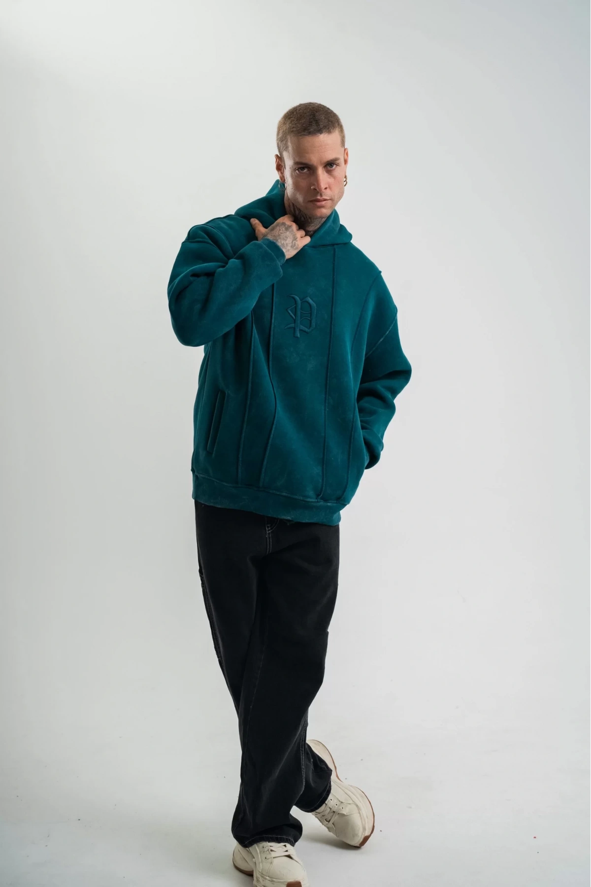 Unisex Uzun Kol Kapşonlu Yıkamalı Nakışlı SweatShirt - Koyu Deniz Yeşili