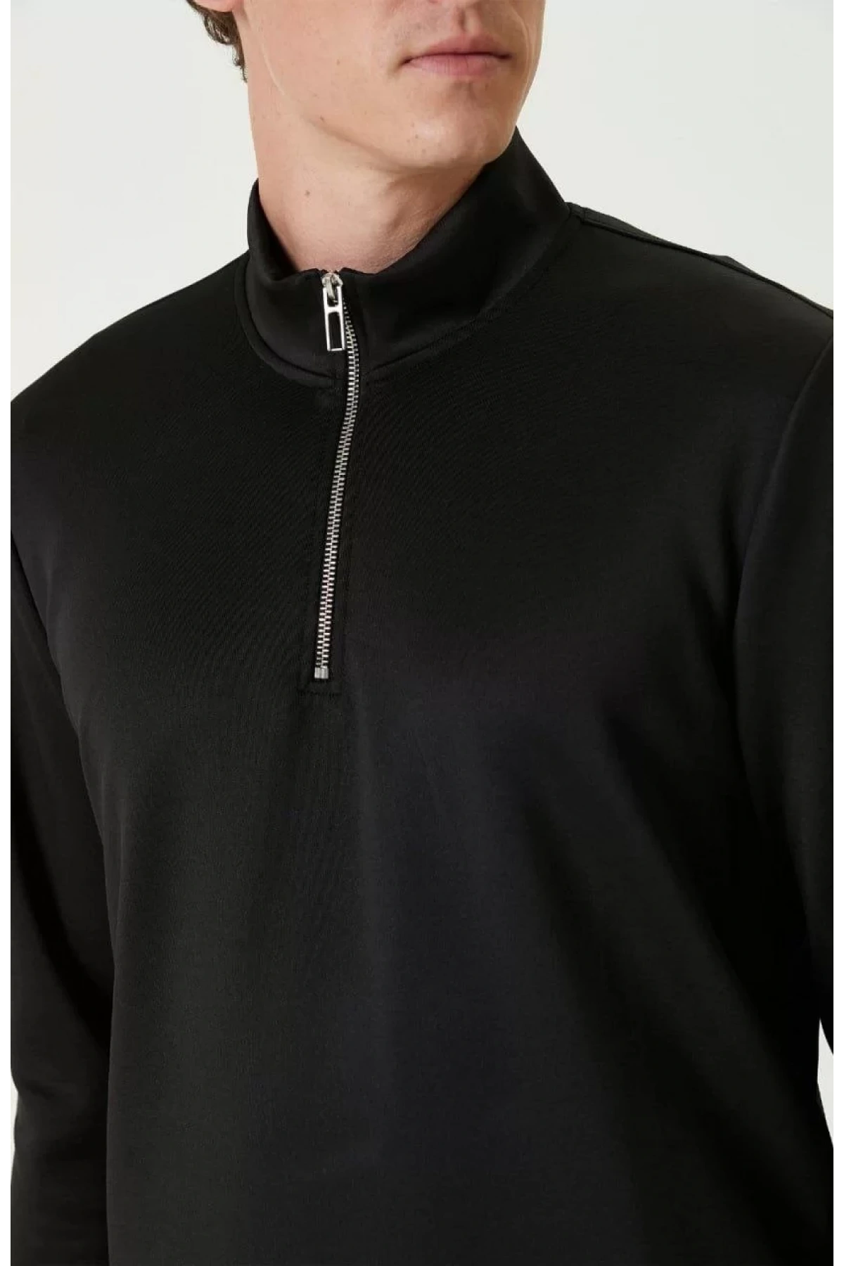 Unisex Uzun Kol Yarım Farmuarlı Yakalı Basic SweatShirt - Siyah